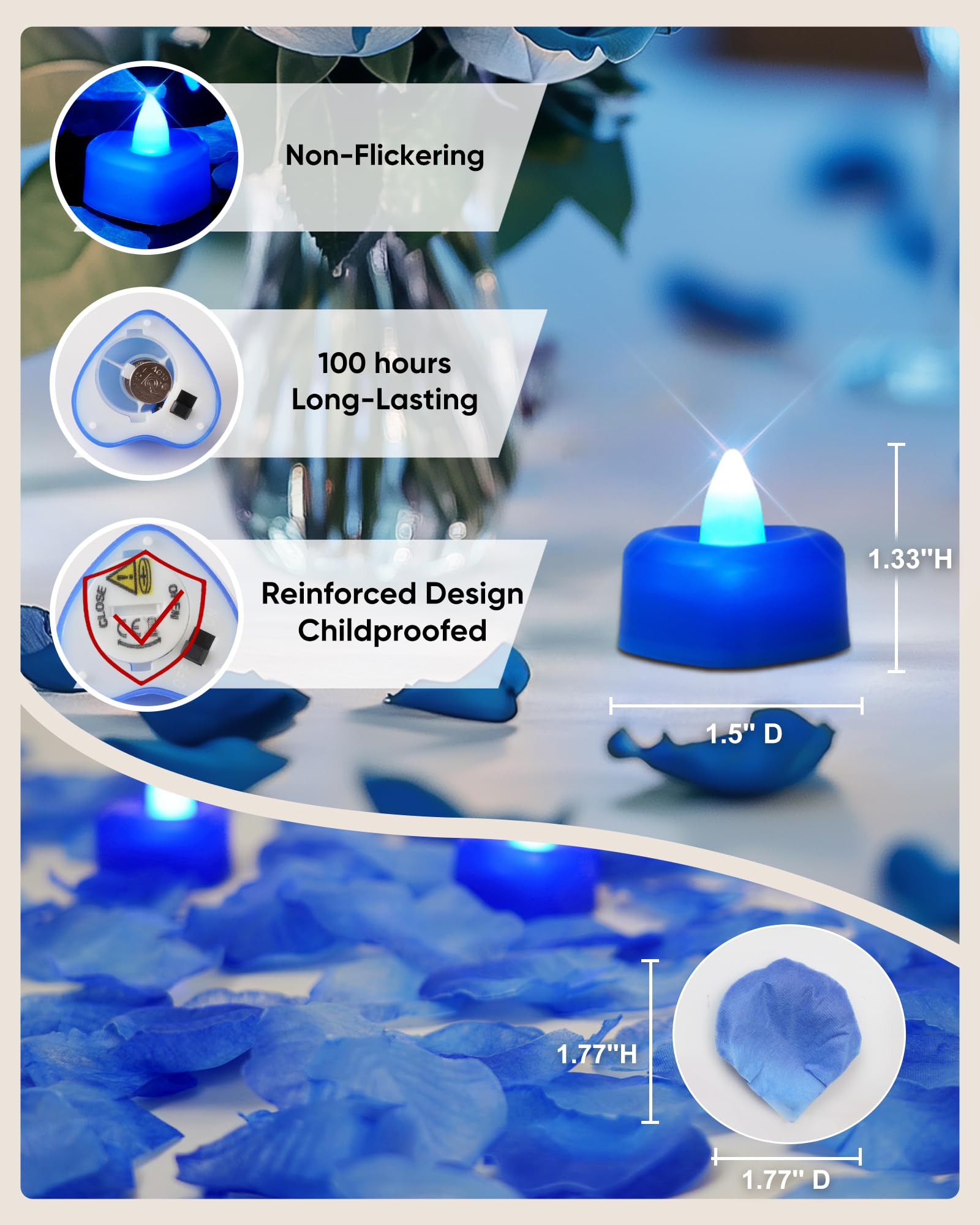 Amagic 1000 Pieces Blue Artificial Rose Petals With 12 Blue Heart Led Tea Lights, Rose Petals, And Candles Set For Proposal, Ann