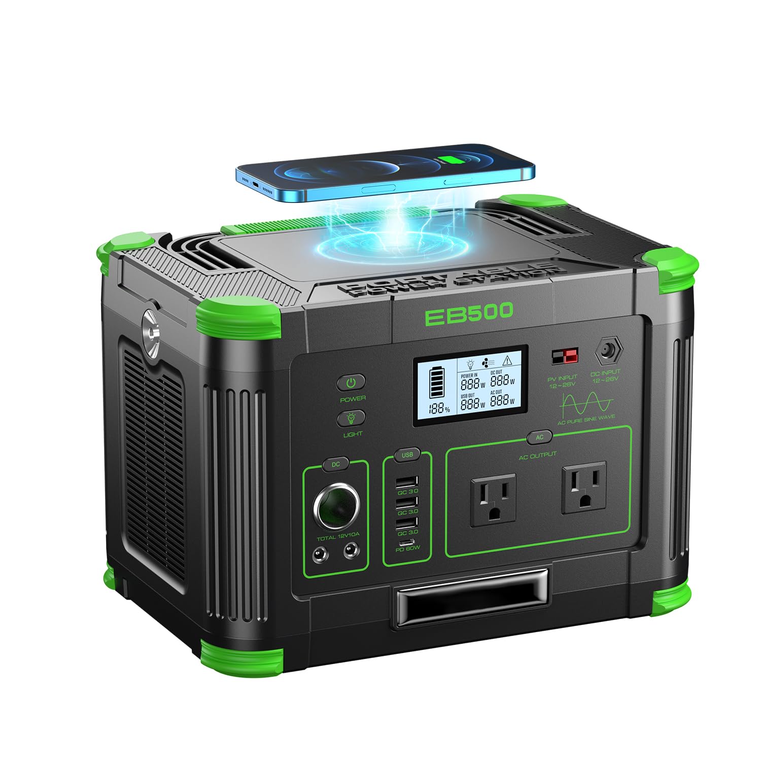 500W Portable Power Station (1000W Peak), 2x 120V AC Outlets & 60W USB-C PD, 10-Output Portable Power Bank with Wireless Charger