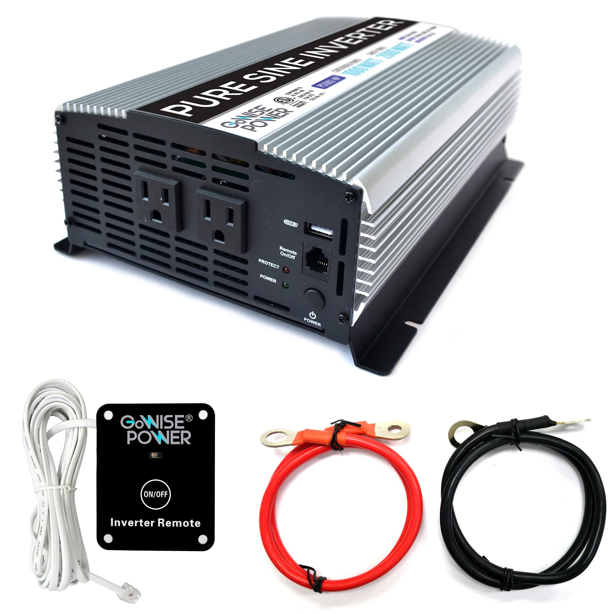 GoWISE Power 1000W Pure Sine Wave Inverter 12V DC to 120V AC with 2 AC Outlets + 1 5V USB Port, 2 Battery Cables, and Remote Swi