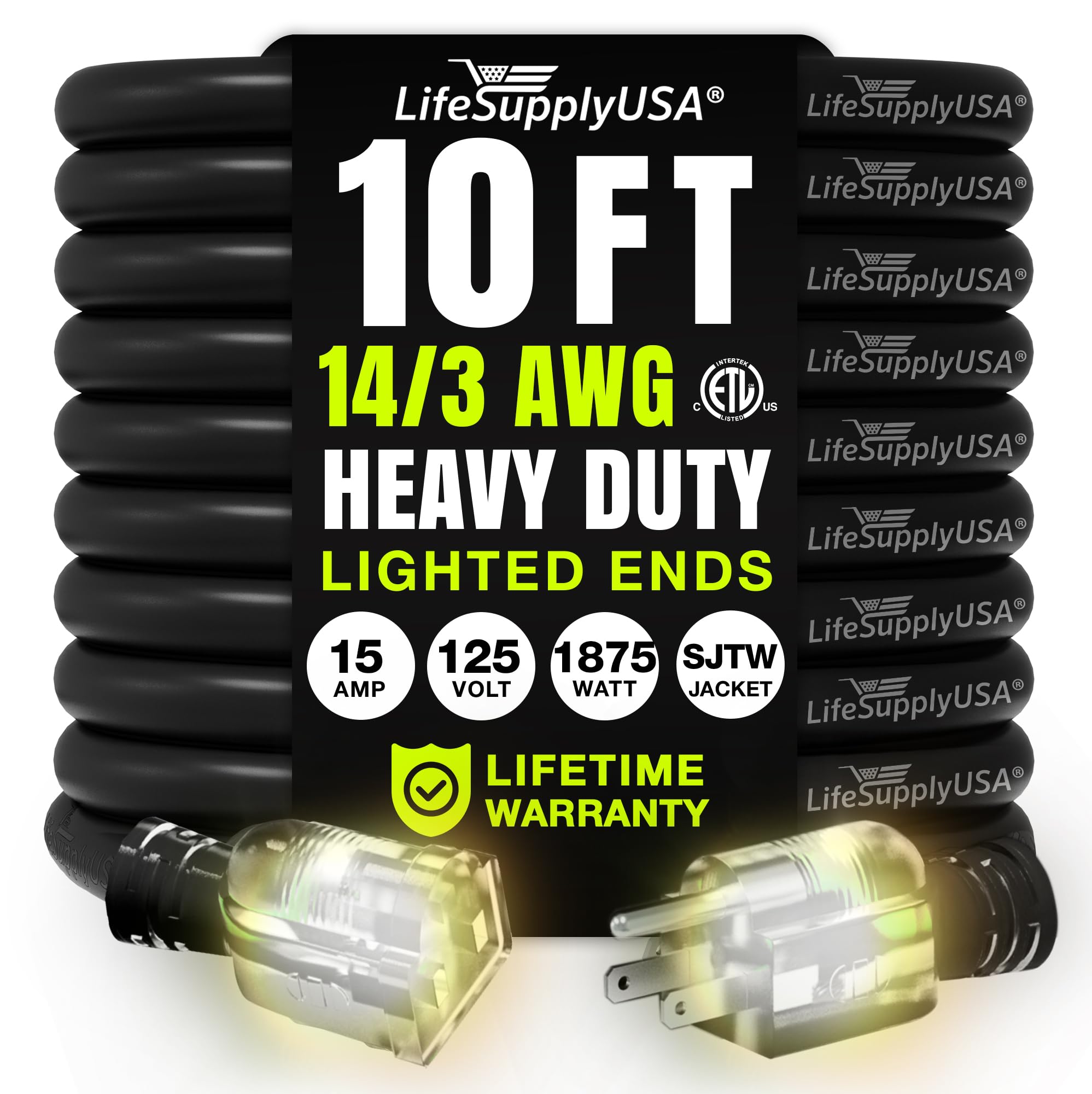 10Ft Power Outdoor Extension Cord & Indoor   Waterproof Electric Drop Cord Cable   3 Prong Sjtw, 14 Gauge, 15 Amp, 125 Volts, 18