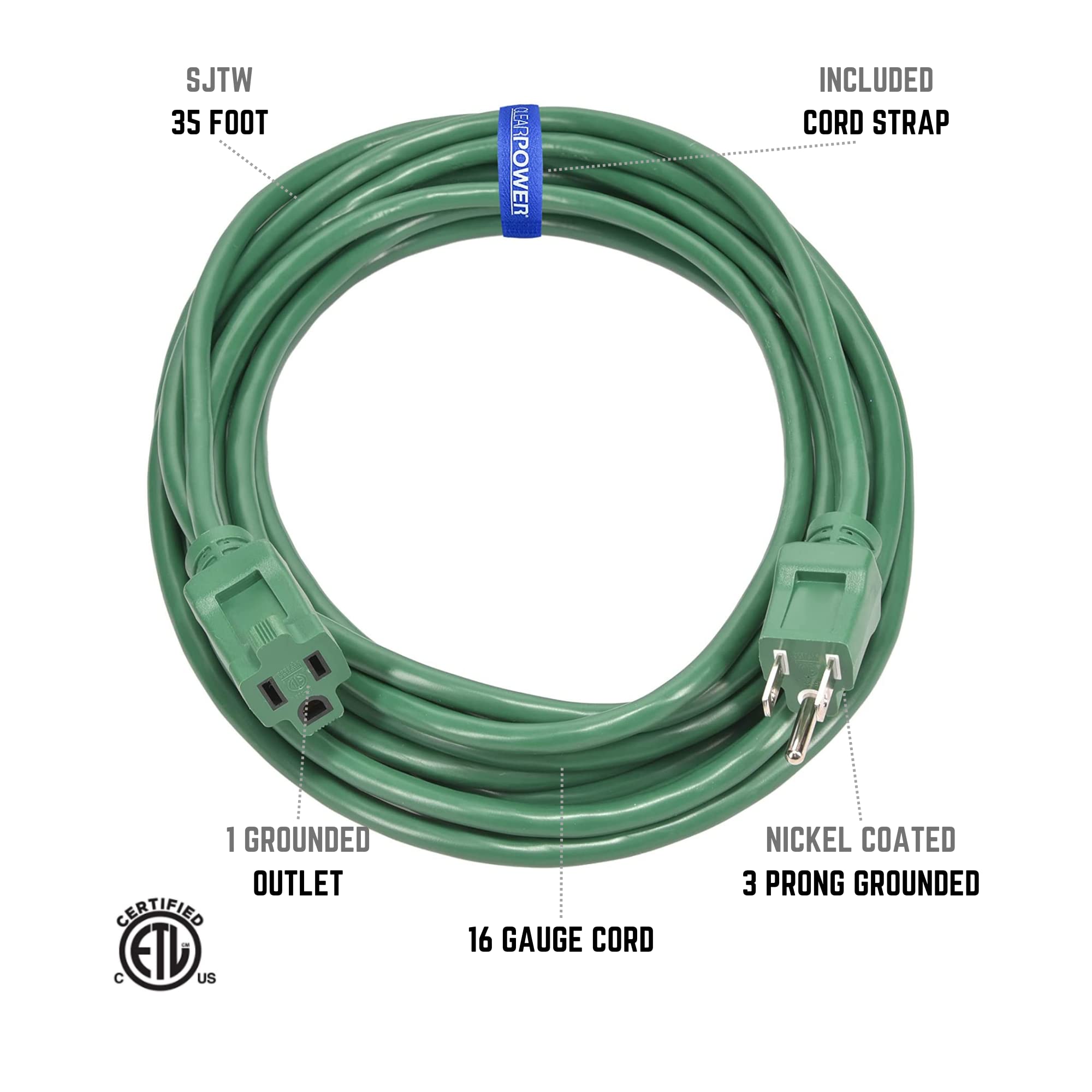 Clear Power Outdoor Extension Cord   35 Ft, Green | Lawn & Garden, 16/3 Sjtw, 3 Outlet, Water & Weather Resistant, Flame Retarda