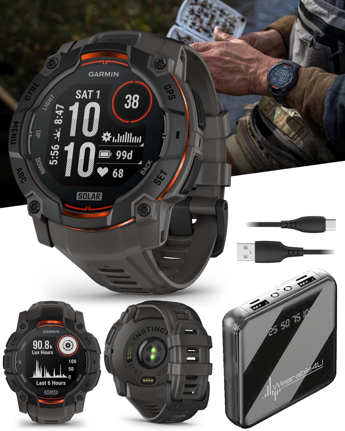 Wearable4U Garmin Instinct 3 Solar 50 Mm, Rugged Outdoor Gps Smartwatch, Built In Flashlight, Up To 40 Days Of Battery Life, Bla