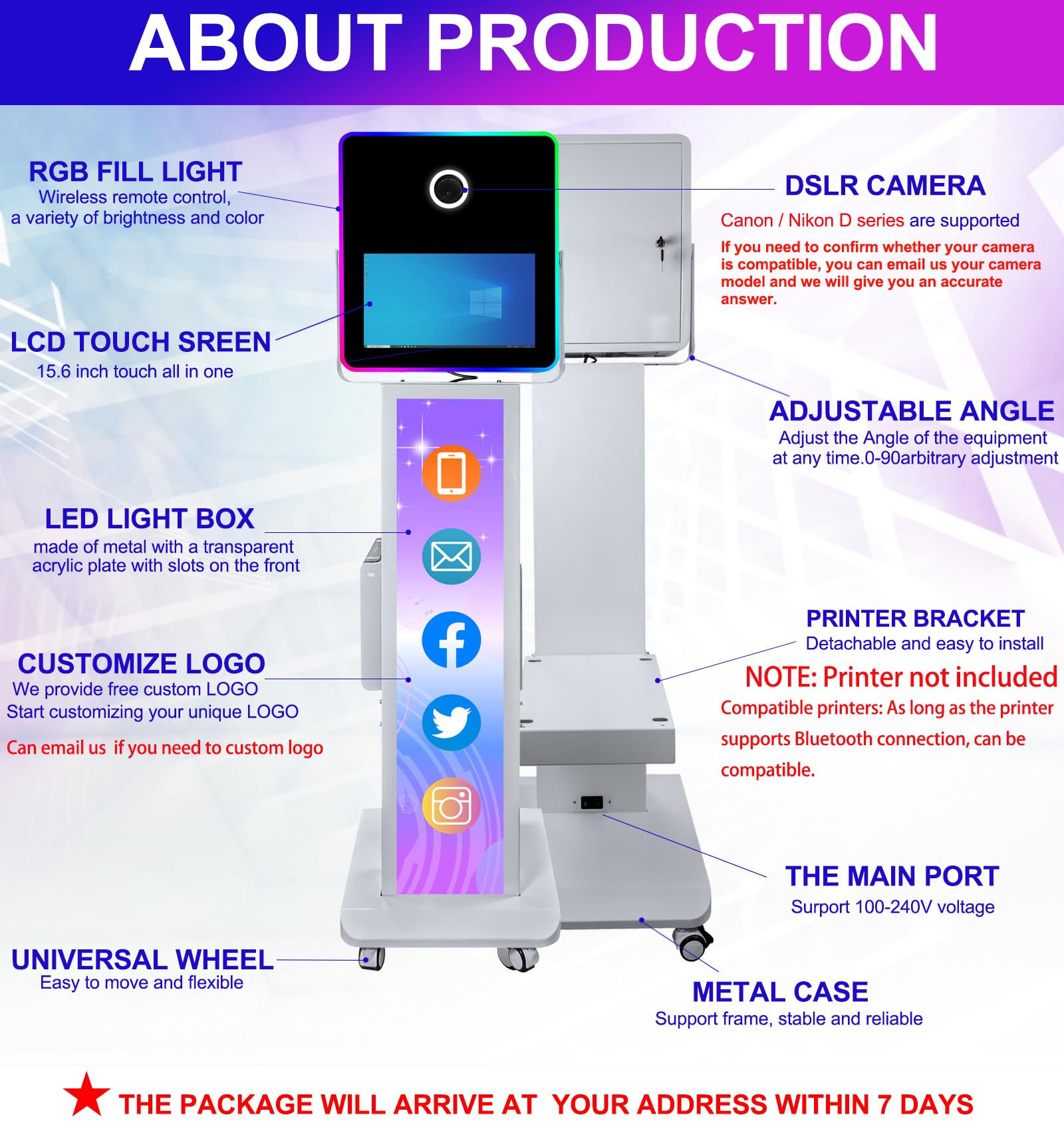 Mirror Photo Booth Selfie Camera Photobooth Diy Photo Booth Machine With 15.6'' Touch Screen Pc, Rgb Led Fill Light, Flight Case