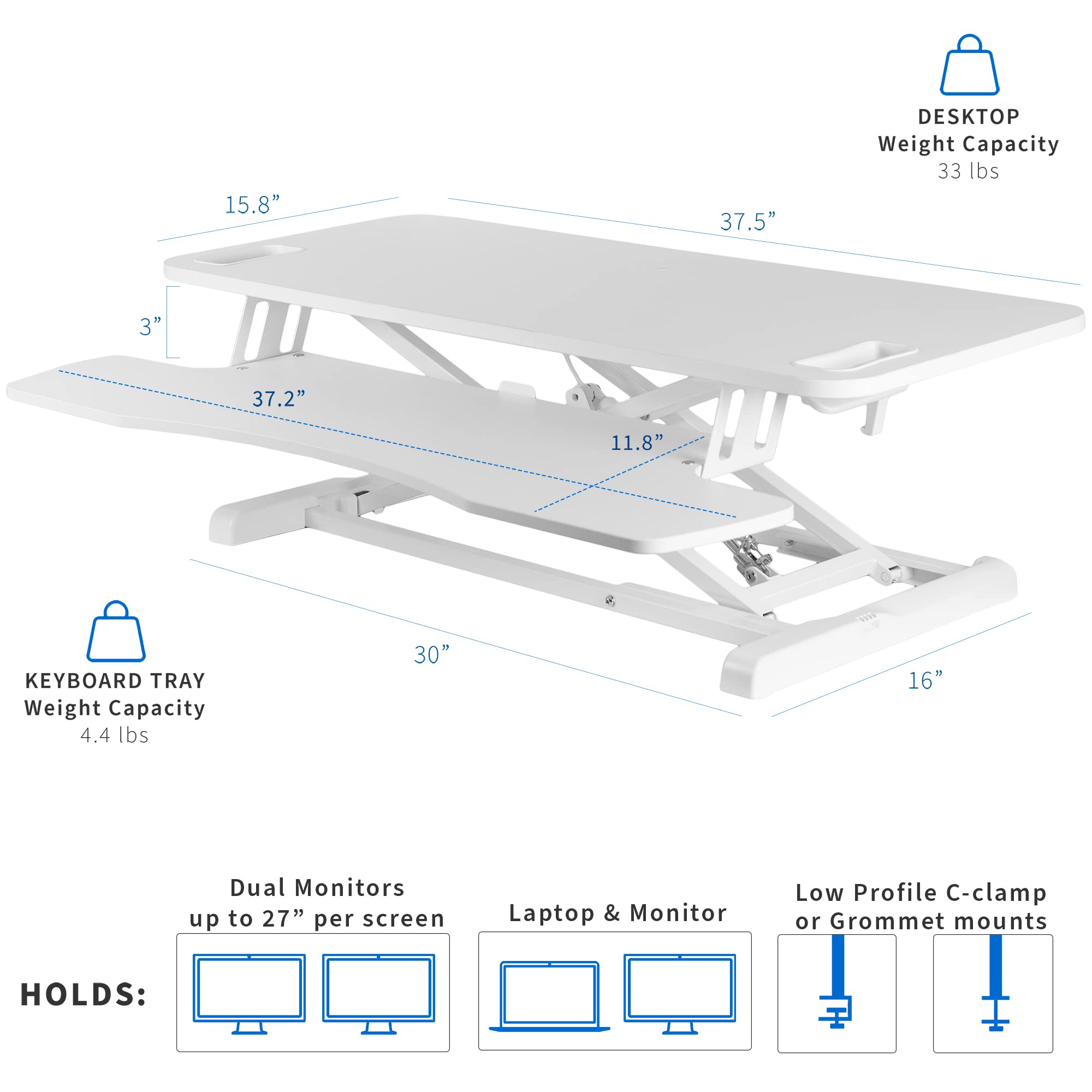 VIVO 38 inch Desk Converter, K Series, Height Adjustable Sit to Stand Riser, Dual Monitor and Laptop Workstation with Wide Keyboard Tray, White, DESK V037KW