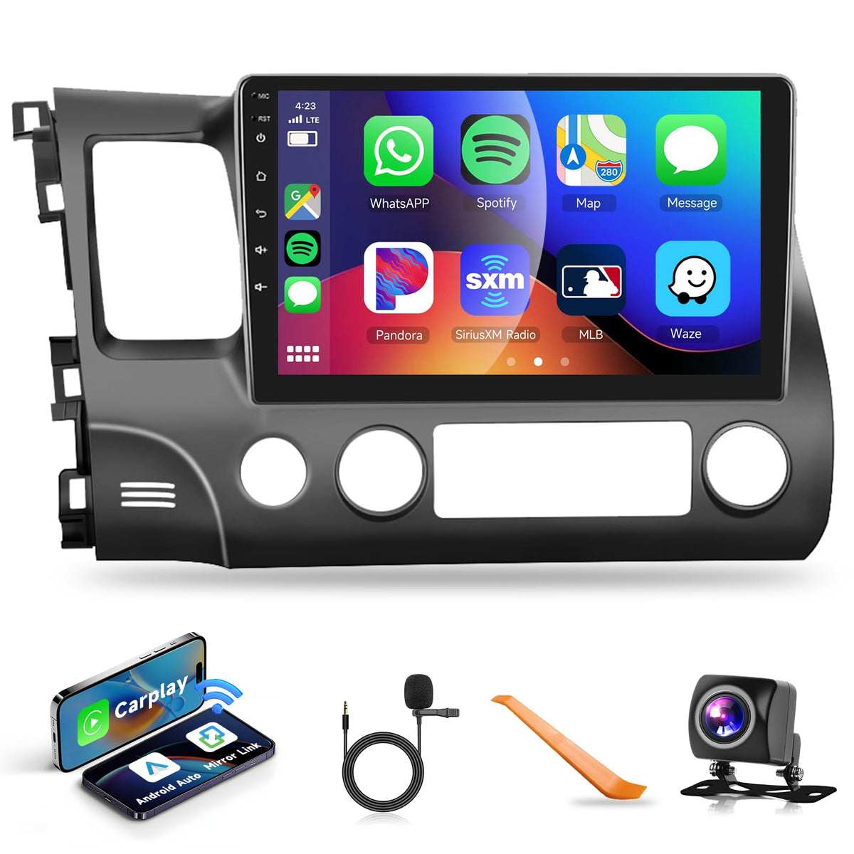Car Stereo Radio For Honda Civic 2006 2011 With Wireless Carplay Android Auto Mirrorlink Hifi/16 Eq,Podofo 10.1 Inch Hd Ips Touch Screen Bluetooth Car Radio With Gps Wifi Ahd Backup Camera Mic