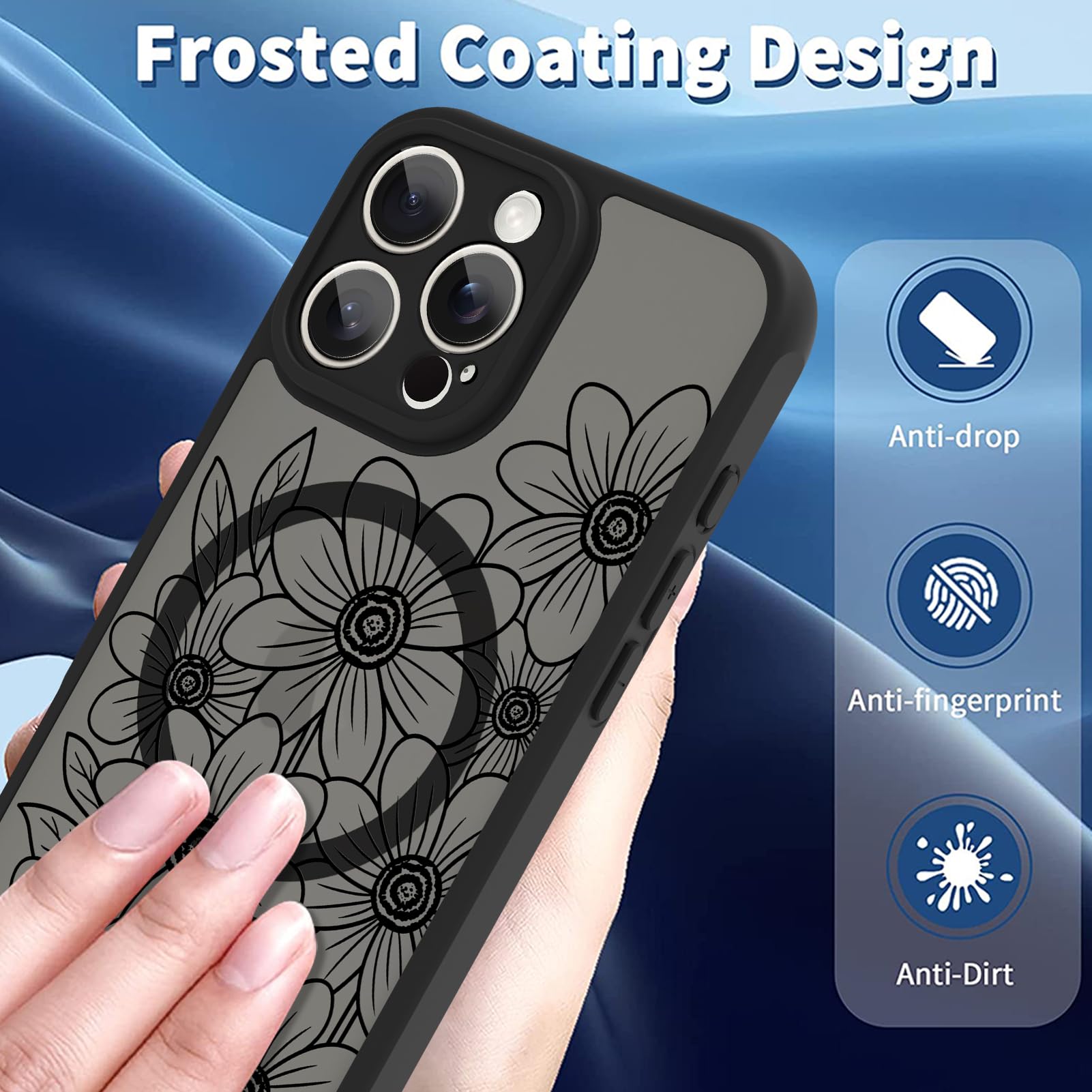 Ook Magnetic For Iphone 16 Pro Case Black Flower Sunflower Pattern [Compatible With Magsafe] Slim Translucent Matte Camera Lens