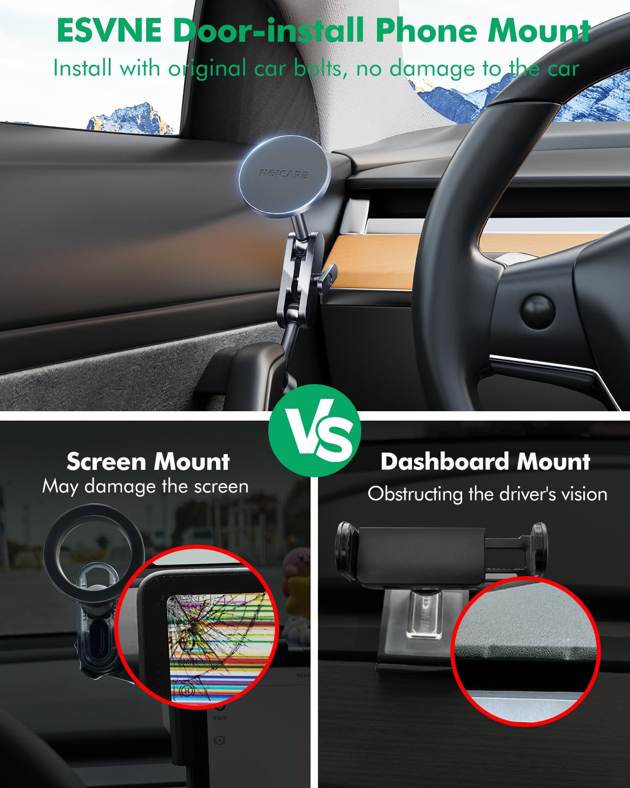 Esvne For Tesla Phone Mount,For Mag-Safe Door-Install Phone Holder, Compatible With Model Y (2025-2019) & Model 3 (2023-2017), M