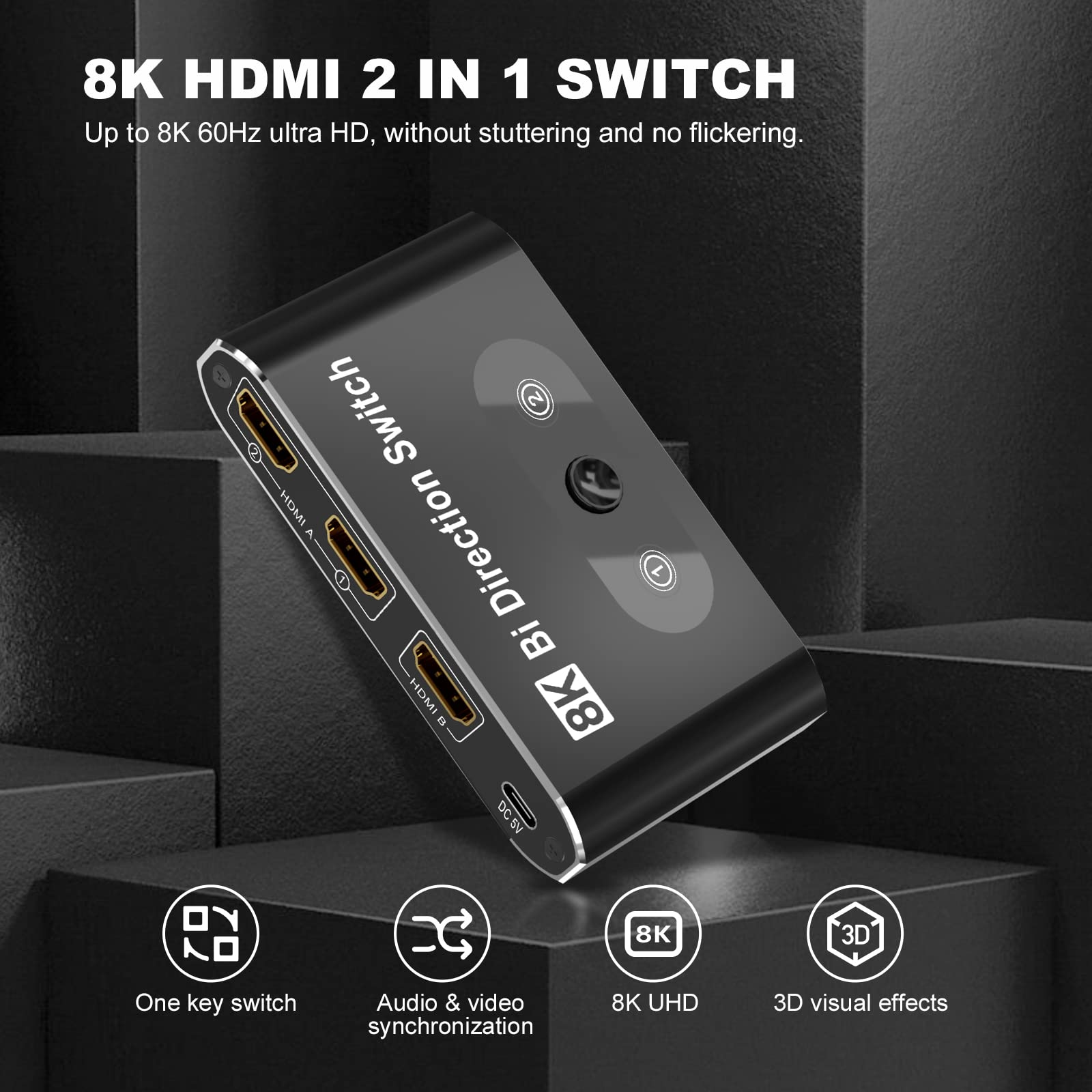 8K@60Hz Hdmi Switch 2.1, Hdmi Switcher Box 2 In 1 Out, Hdmi Selector Switch Support 4K@120Hz 1080P@240Hz, 2 Port 48Gbps Hdmi Swi