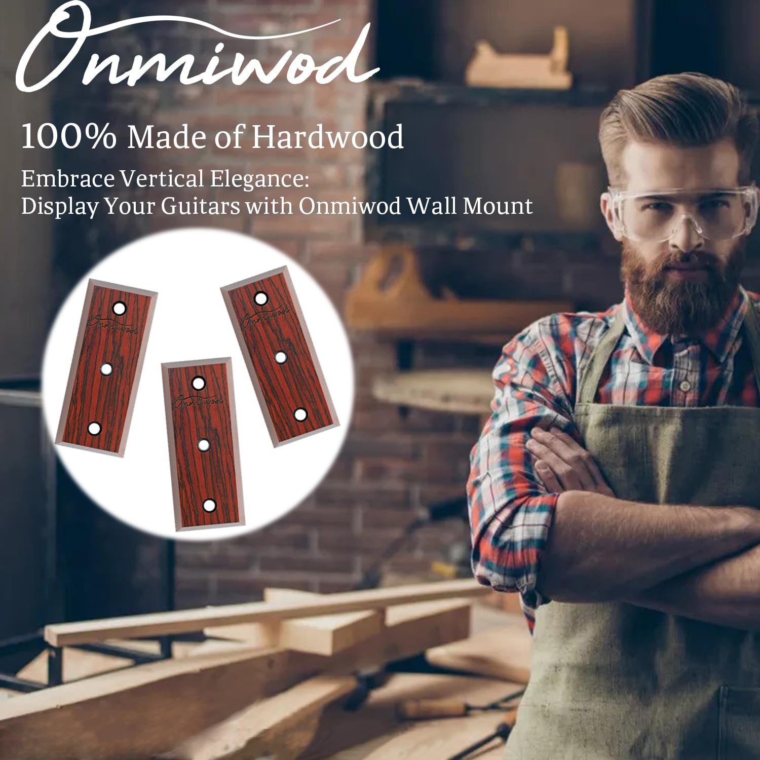 Onmiwod Guitar Wall Mount 3 Pack, Carbonized Red Wood Guitar Hanger, U Shaped Guitar Wall Hanger Mount, Guitar Holder Wall Hook