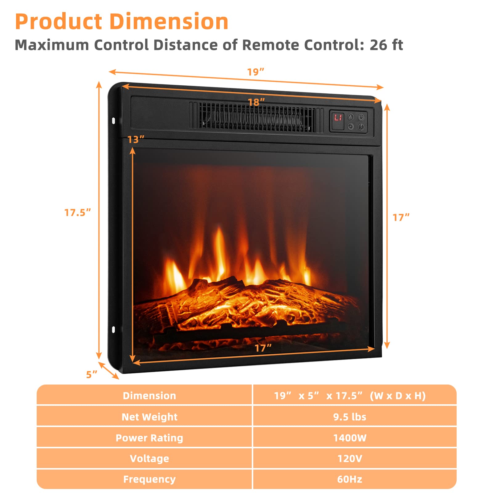 Tangkula 18 Inches Electric Fireplace Insert, Recessed 1400 W Electric Fireplace W/Adjustable Flame & Heat, Built In Timer & The