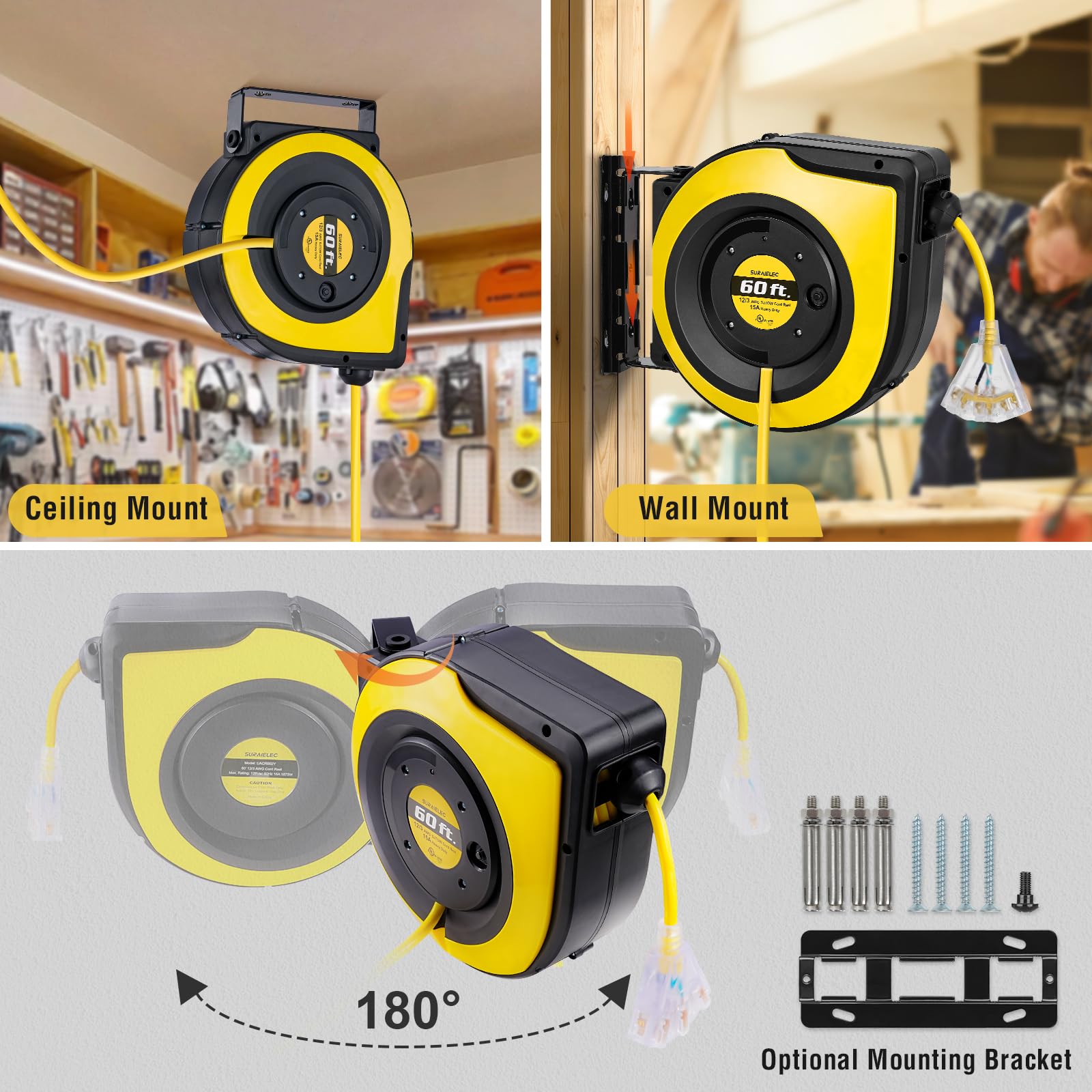 Suraielec 12 Gauge Extension Cord Reel, 60 Ft Retractable Extension Cord, 12 Awg/3C Sjtow Heavy Duty Power Cord, 15 Amp Circuit
