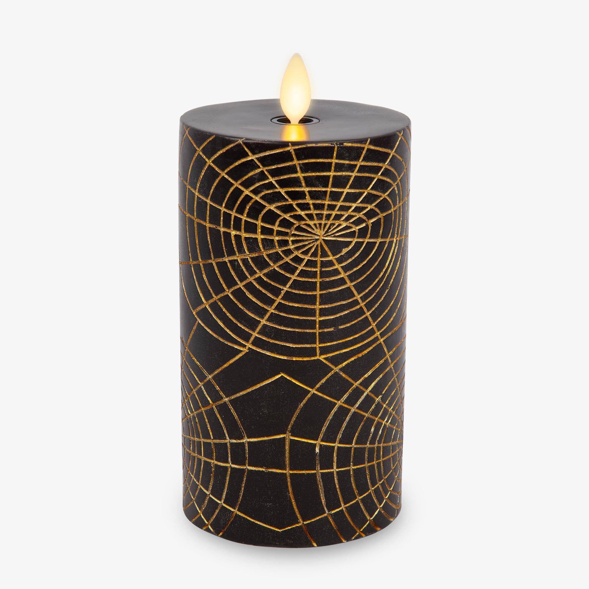 Luminara Black And Gold Spider Web Flameless Led Candle, Flat Top Moving Flame Pillar, Real Unscented Wax And Timer (3'' X 6.5''