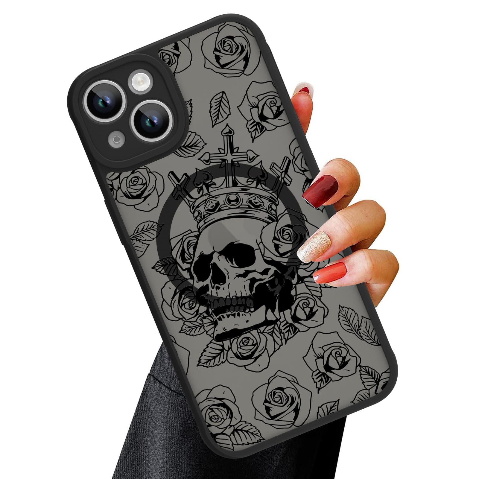 Ook Magnetic For Iphone 14 Plus Case Black Flower Skull Pattern [Compatible With Magsafe] Slim Translucent Matte Camera Lens Pro