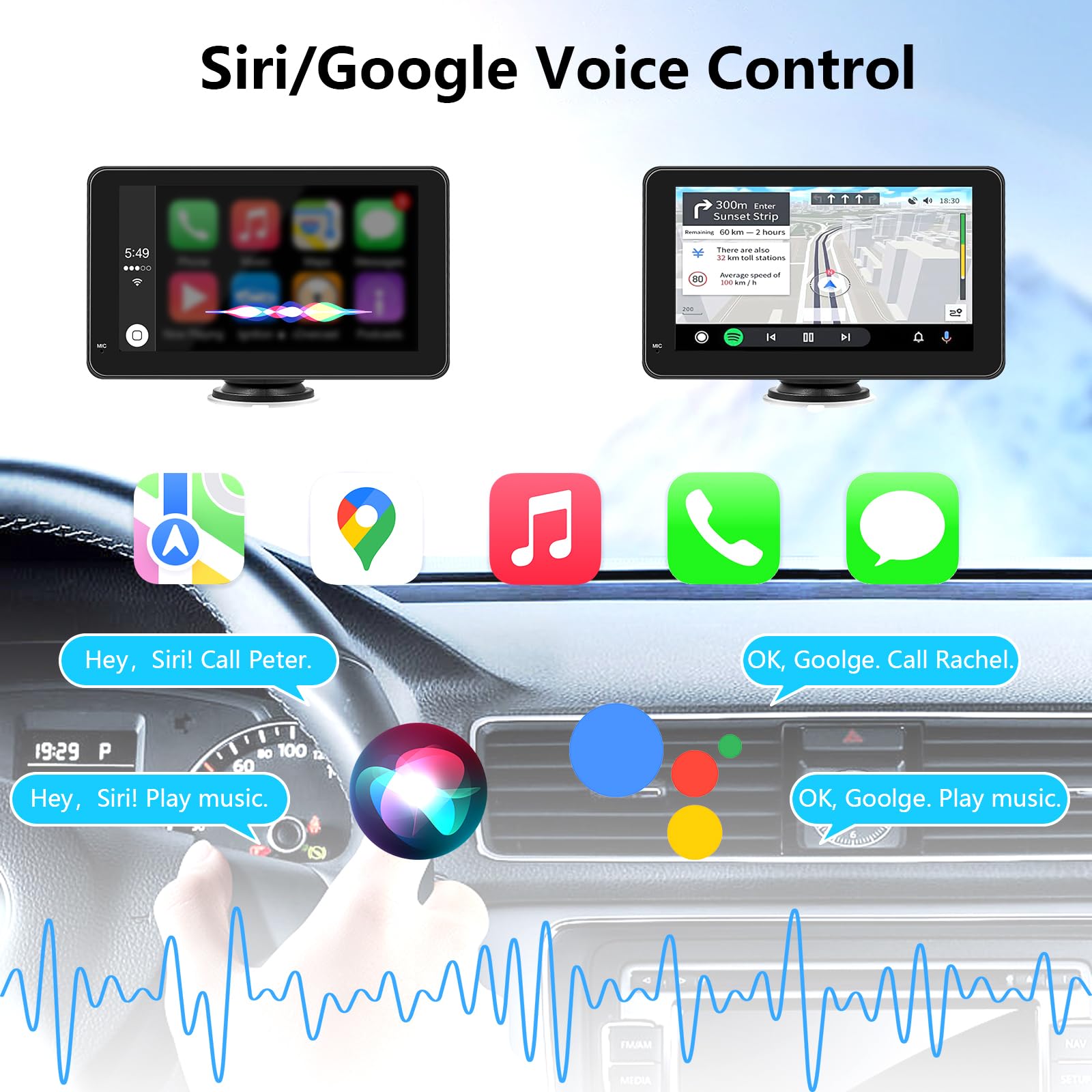 Apple Carplay Screen For Car, 7 Inch Portable Touch Screen Car Stereo With Wireless Carplay & Android Auto, Backup Camera, Gps N