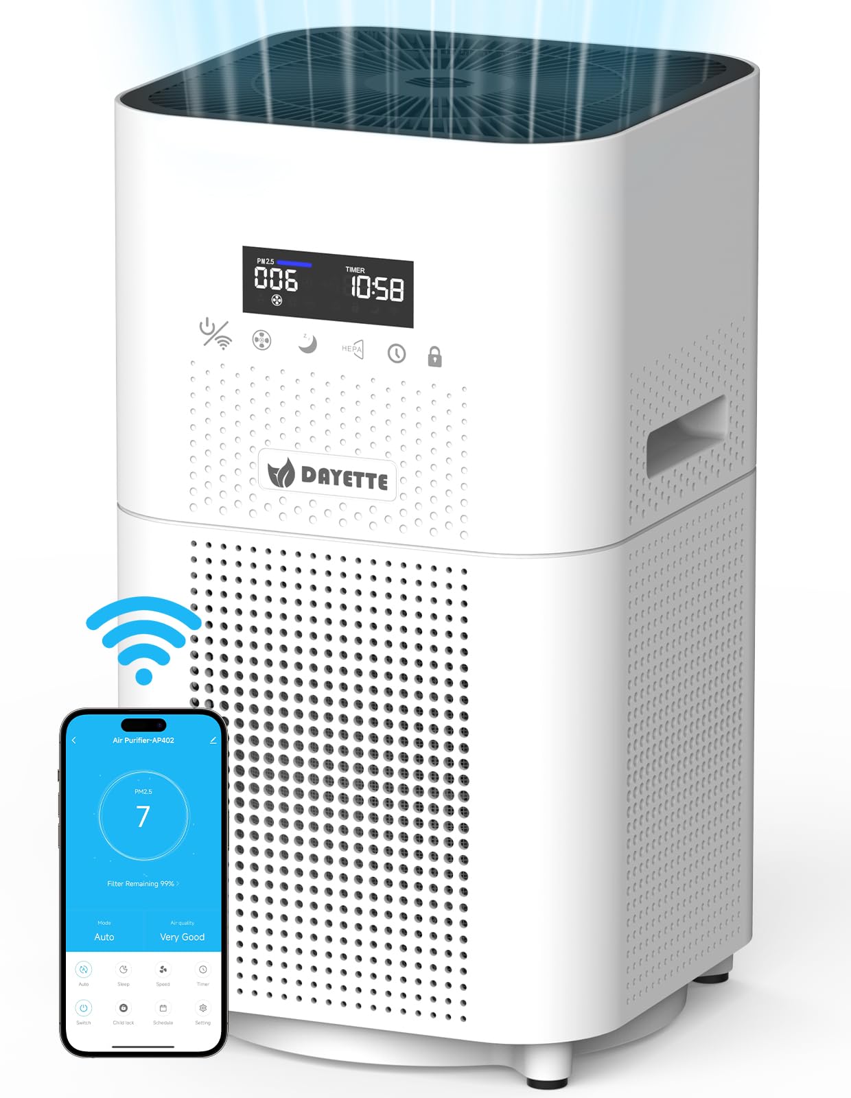 Dayette Smart WIFI Air Purifiers for Home Large Room Up to 3000 Sq Ft, APP & Alexa Control Air Cleaner, H14 Ture HEPA Filter for