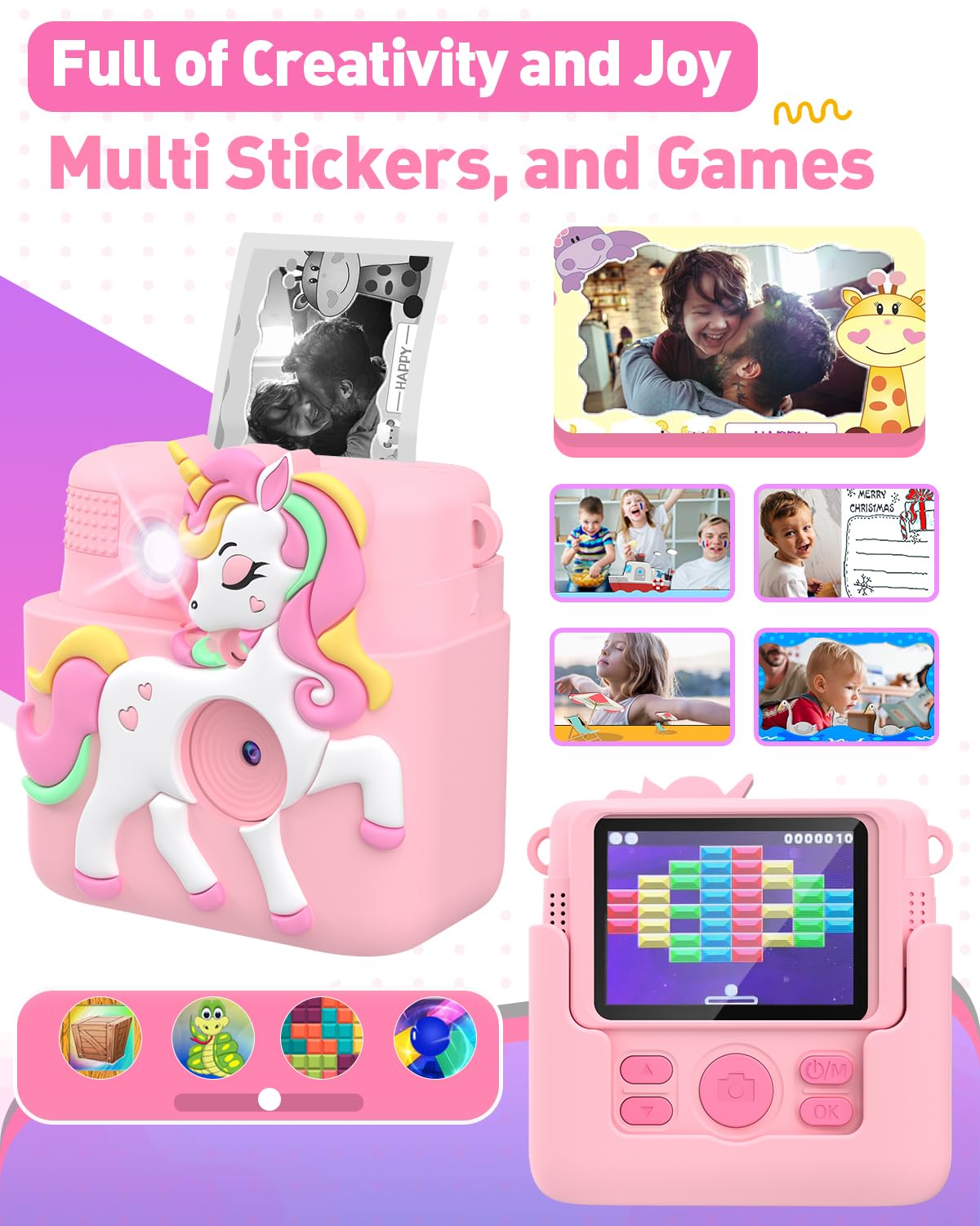 Kids Camera Instant Print With Silicone Cover, Creative Gifts For Girls Age 4 12 Birthday Christmas, 1080P Digital Camera Toy Wi