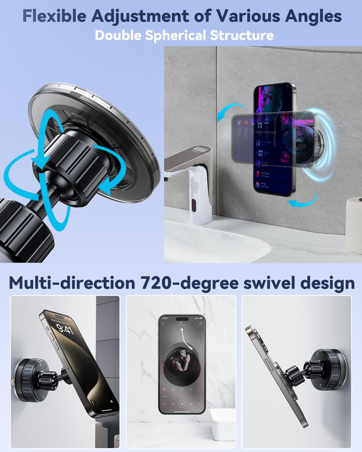 Nediea Vacuum Suction Cup Phone Mount,Hands-Free Magnetic Shower Cell Phone Holder,Adjustable Phone Suction Grip For Mirror/Smoo