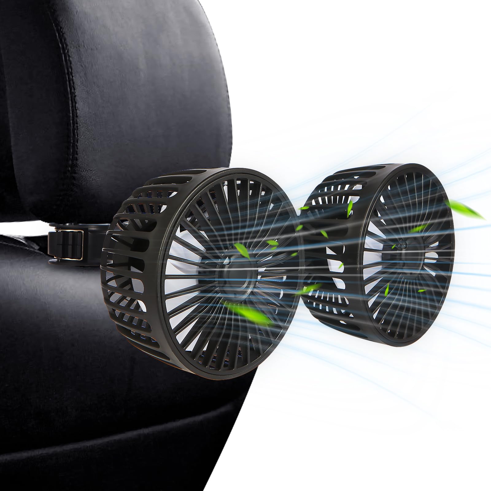 Drosica Car Fan for Backseat Kids, Dual Head USB Car Seat Fan, 3 Speeds 360 Rotatable Fan for Car, Air Circulation Fan with Adju