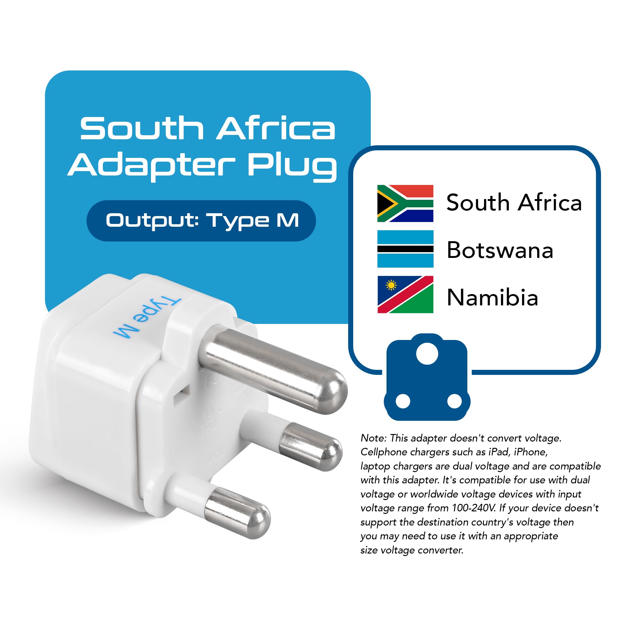 Ceptics South Africa Travel Plug Adapter (Type M)   3 Pack [Grounded & Universal] (Gp 10L 3Pk)