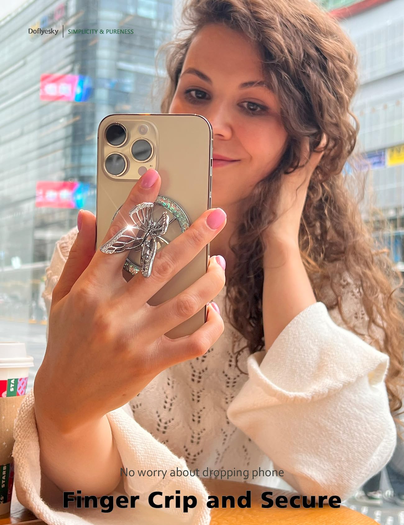 Doflyesky Magnetic Phone Grip For Magsafe, Butterfly Phone Grip Holder Finger Kickstand, Adapter Ring For Magsafe Included (Silv