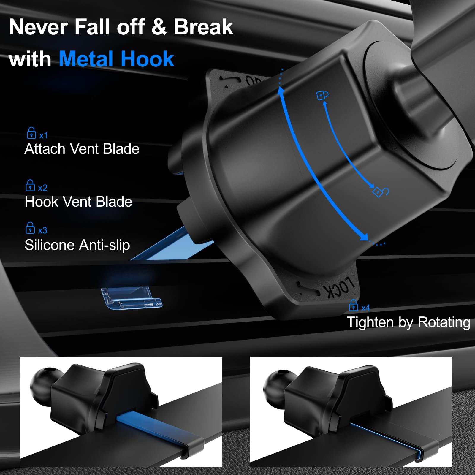 Phone Holders For Your Car With Newest Metal Hook Clip, Air Vent Cell Phone Car Mount 360 Rotation Car Phone Holder Universal Au