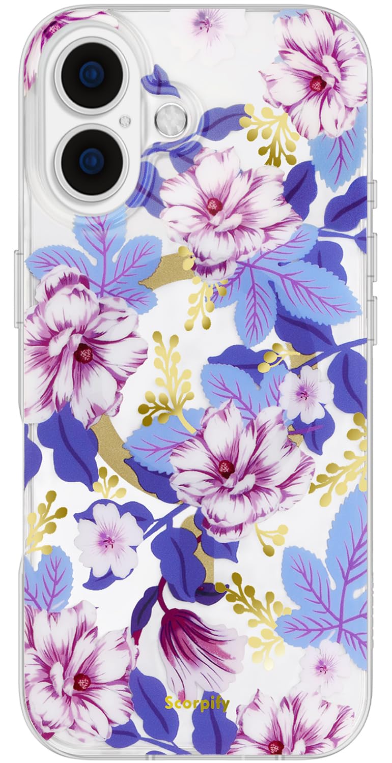 SCORPIFY for iPhone 17 Case [Compatible with MagSafe] with Purple Hibiscus Floral Design, Cute Clear Flower Magnetic Phone Cover