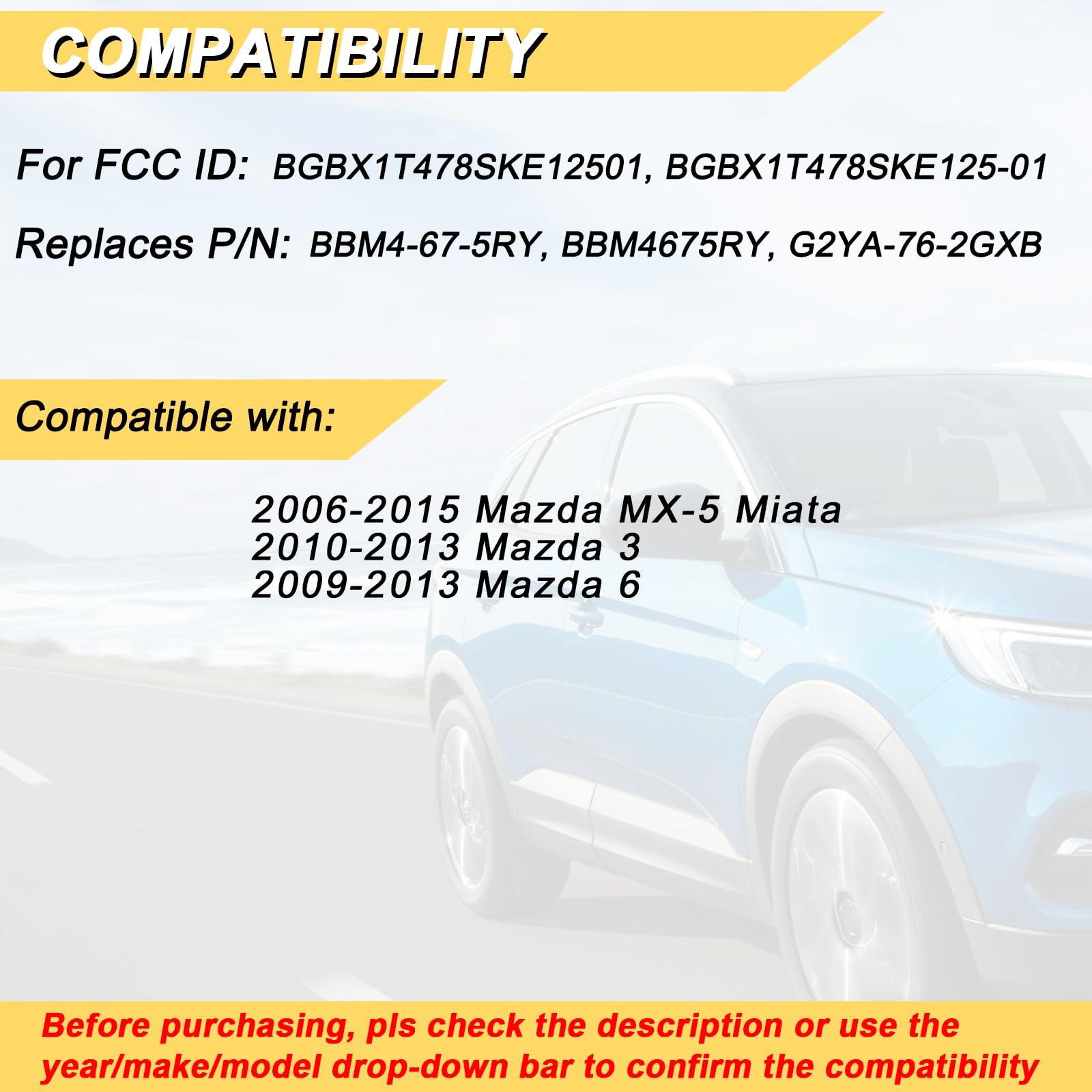 Vurkcy Key Fob Replacement For 2006-2015 Mazda Mx-5 Miata/ 10-13 Mazda 3/ 09-13 Mazda 6 Car Keyless Entry Remote Control, Bgbx1T