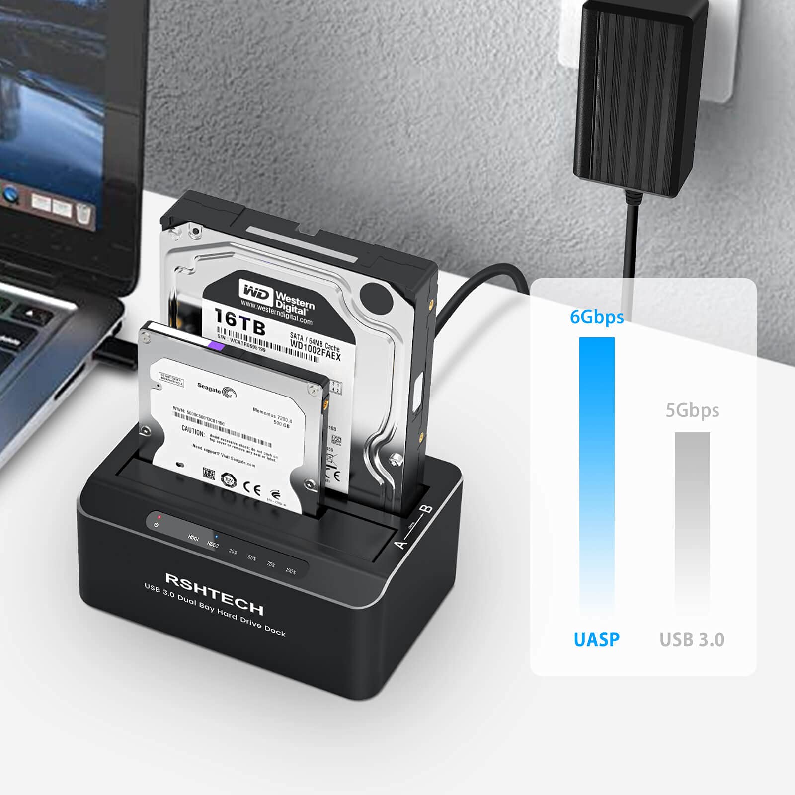 RSHTECH Hard Drive Dock - USB 3.0 Dual Bay SATA Docking Station for 2.5 & 3.5 inch HDD/SSD, Offline Clone, Black, Model RSH