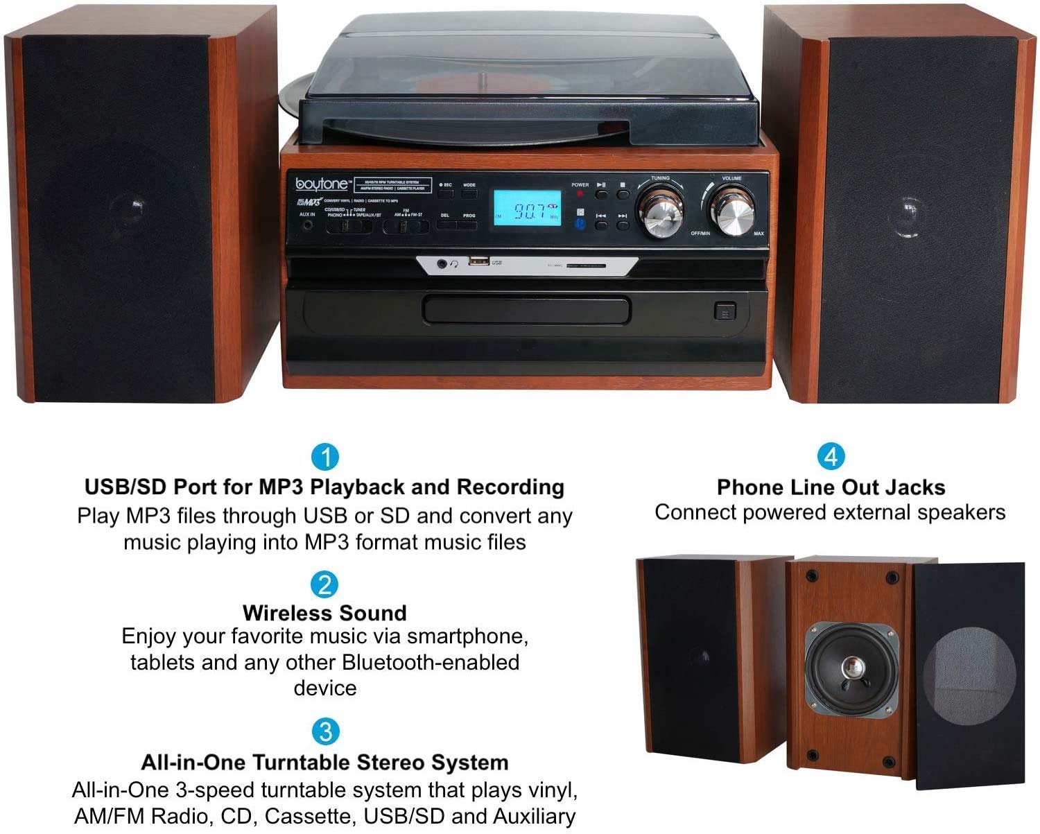 Boytone Bt 24Mb Bluetooth Classic Style Record Player Turntable With Am/Fm Radio, Cd/Cassette Player, 2 Separate Stereo Speakers