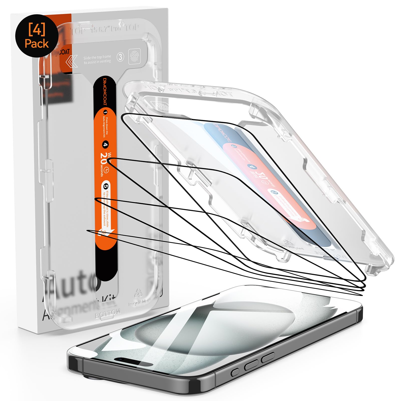 Dimoncoat 4 Pack For Iphone 15 Screen Protector [Auto Alignment Kit] Tempered Glass 10X Military Protection Compatible Iphone 15
