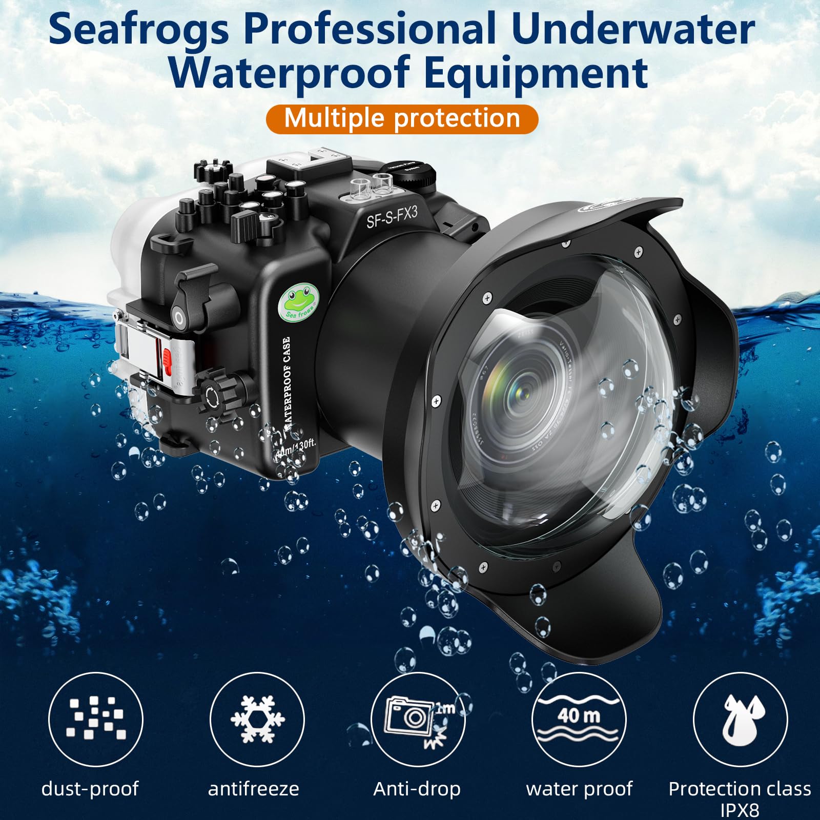 Seafrogs 40M/130Ft Underwater Camera Housing Waterproof Case For Sony Fx3 With 6 Inch Long Dome Port, Compatible With Sony Fe 4/