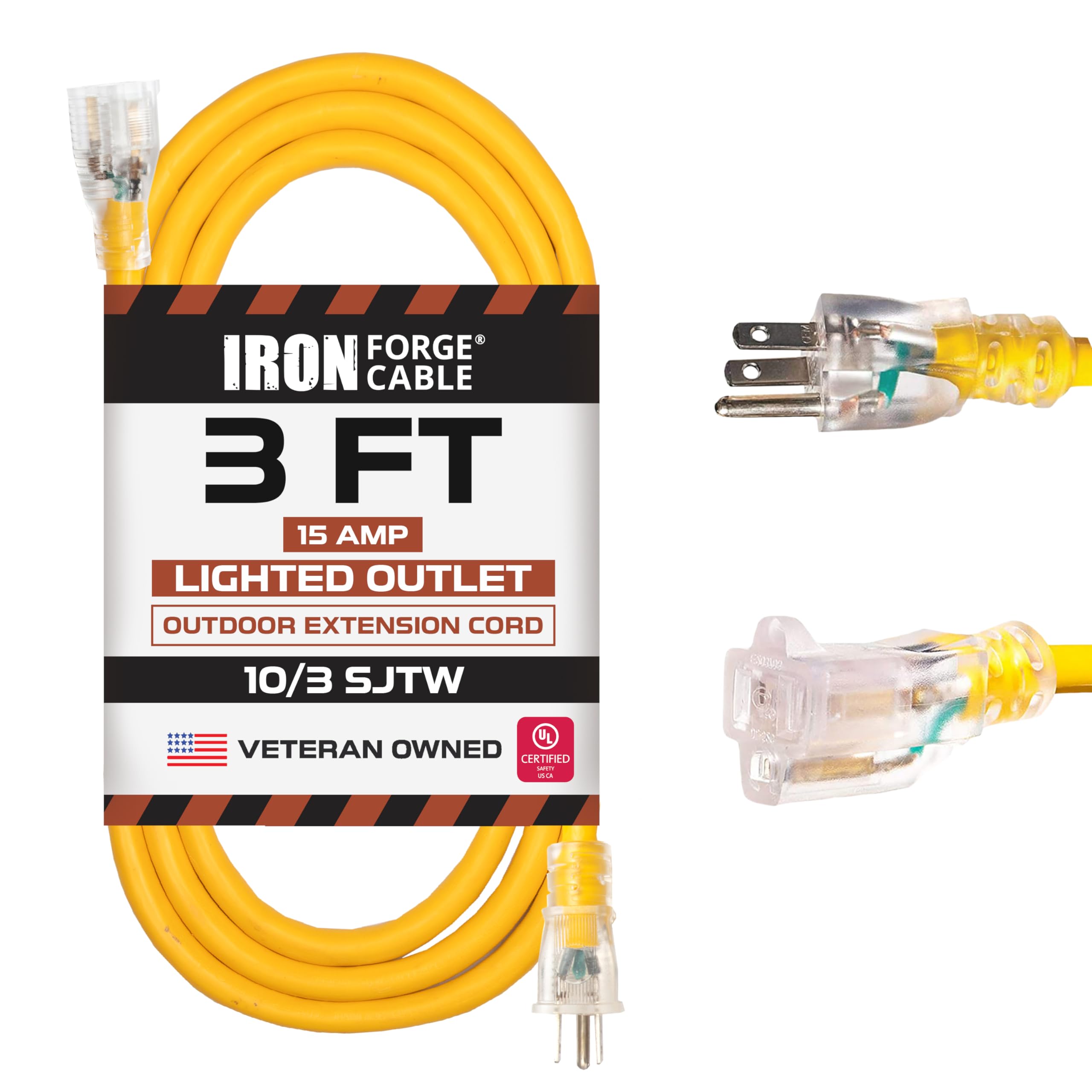 Iron Forge Cable 10 Gauge Extension Cord 3 Ft, 10/3 Heavy Duty Extension Cord Outdoor 3 Prong, Weatherproof Yellow Power Cable 1