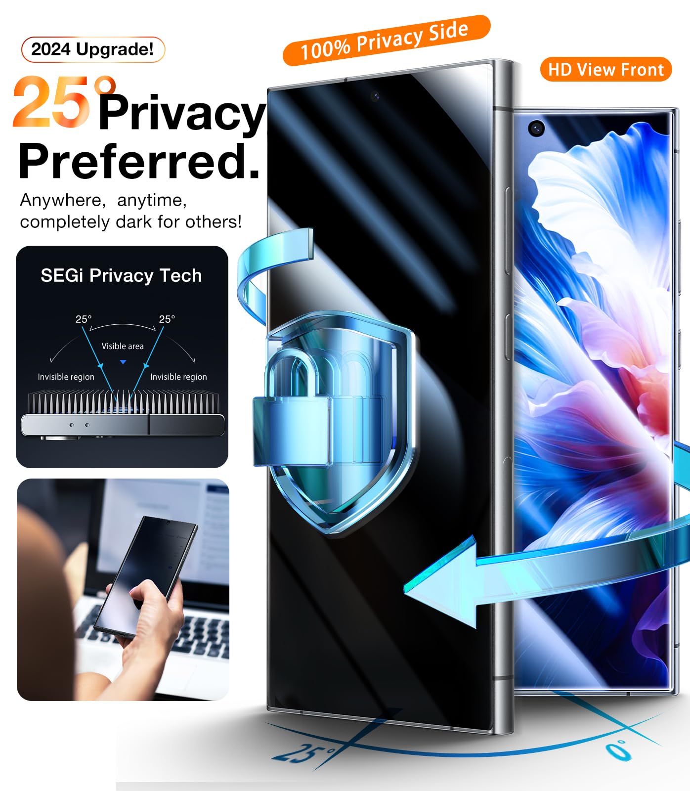 Ultraglass Unbreak Top 9H+ Glass For Samsung Galaxy S24 Ultra Privacy Screen Protector [Military Grade Shatterproof & Longest Du