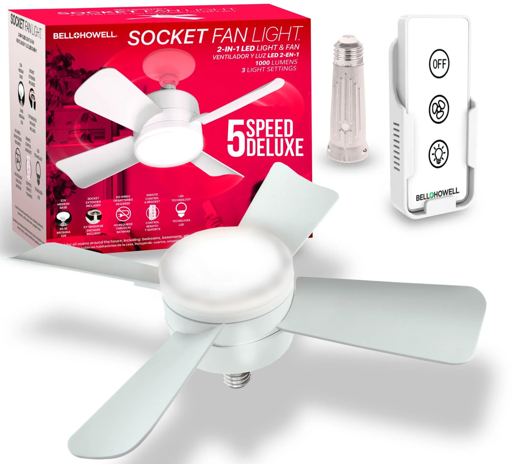 Bell+Howell Socket Breeze Light 5-Speed Deluxe LED - Ceiling Fans with Lights and Remote Control - For Bedroom, Kitchen, Living 