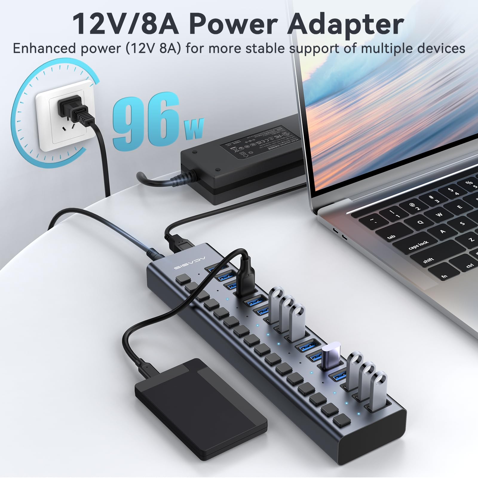 Powered Usb 3.1 Hub, Acasis 16 Ports Usb 3.1 Hub With 10Gbps Data Speed,Aluminum Housing, Usb Hub Powered With 96W Power Adapter, Usb Hub For Pc/Laptop, Computer, Flash Drive, Printer, Camera