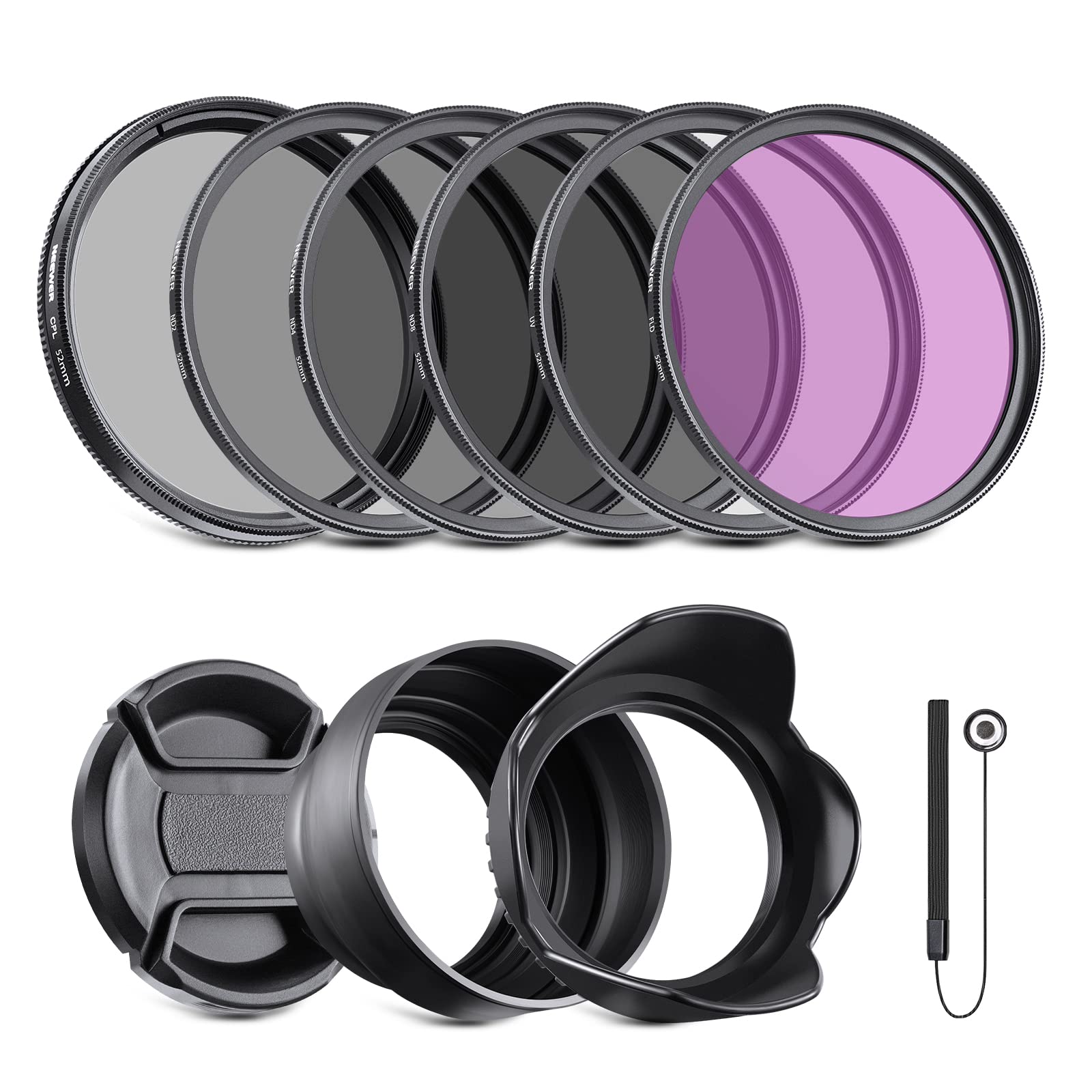 Neewer 52Mm Nd Filter Kit And Lens Accessories, Nd2 Nd4 Nd8 Uv Fld Cpl(Circular Polarizing) Filter Set With Lens Cap/Tulip Shape
