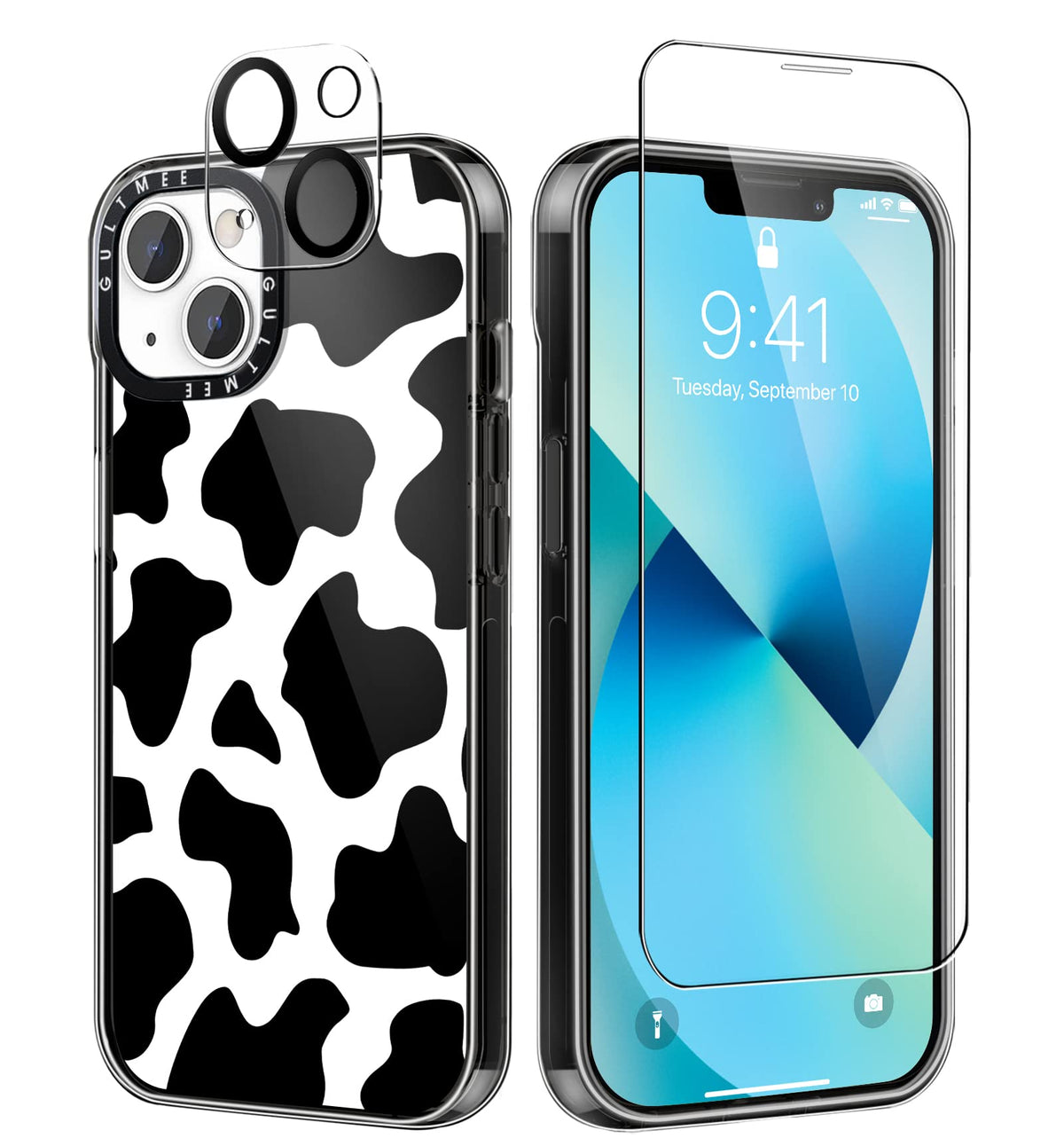 Gultmee [3 In 1 For Iphone 13 Case 6.1 Inch,With Tempered Glass Screen Protector + Camera Lens Protector Cute Cow Print Slim Des