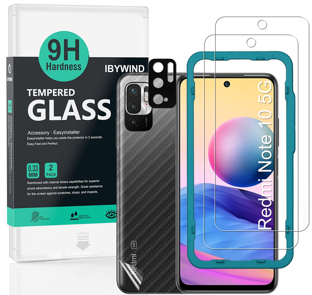 Ibywind Screen Protector For Redmi Note 10 5G/Poco M3 Pro 5G,With 2Pcs Tempered Glass,1Pc Camera Lens Protector,1Pc Backing Carb