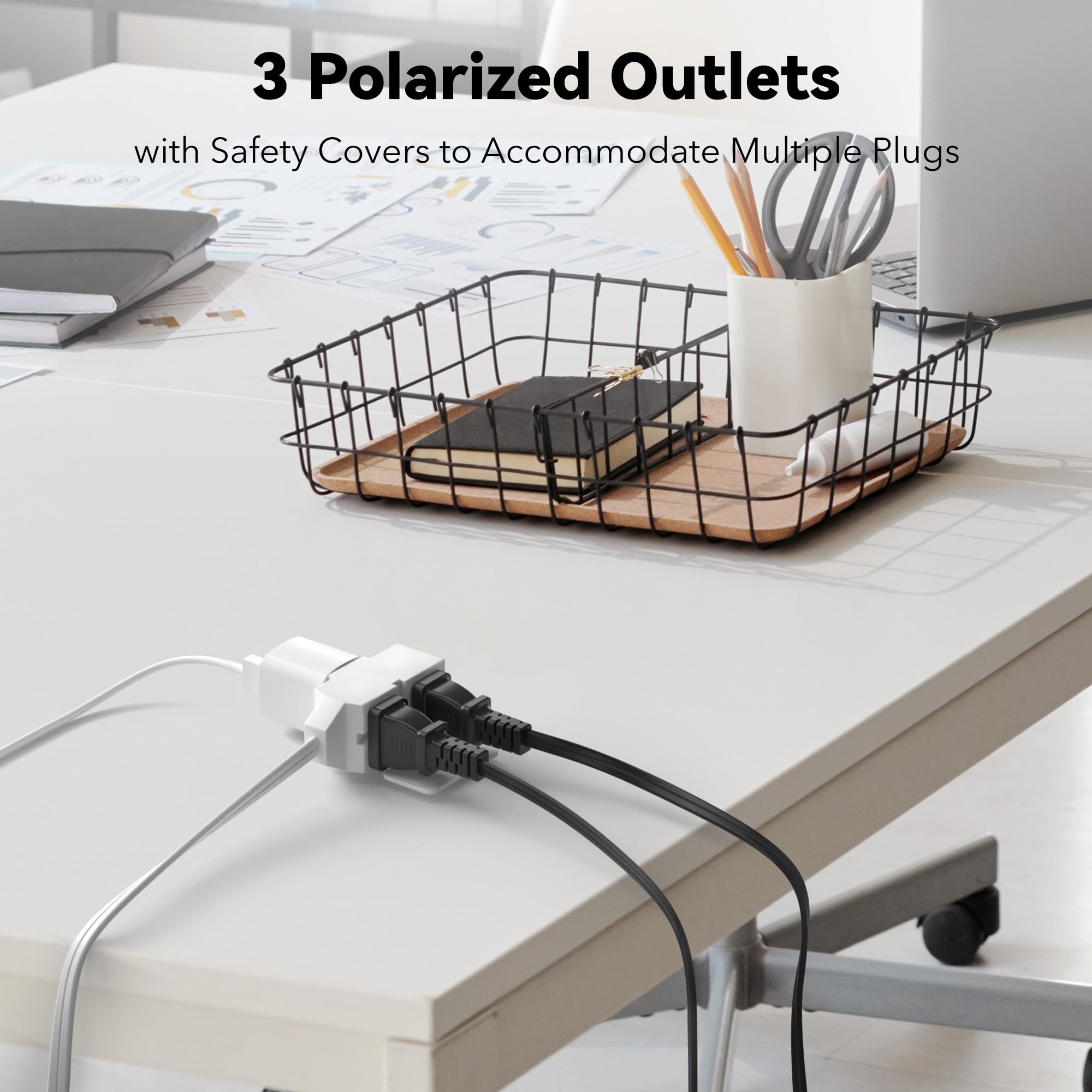 Bn Link 6 Ft 3 Outlet Indoor Extension Cord 16/2 Spt 2, 2 Pack White, 2 Prong Polarized Plug, Household Power Cord For Home, Off