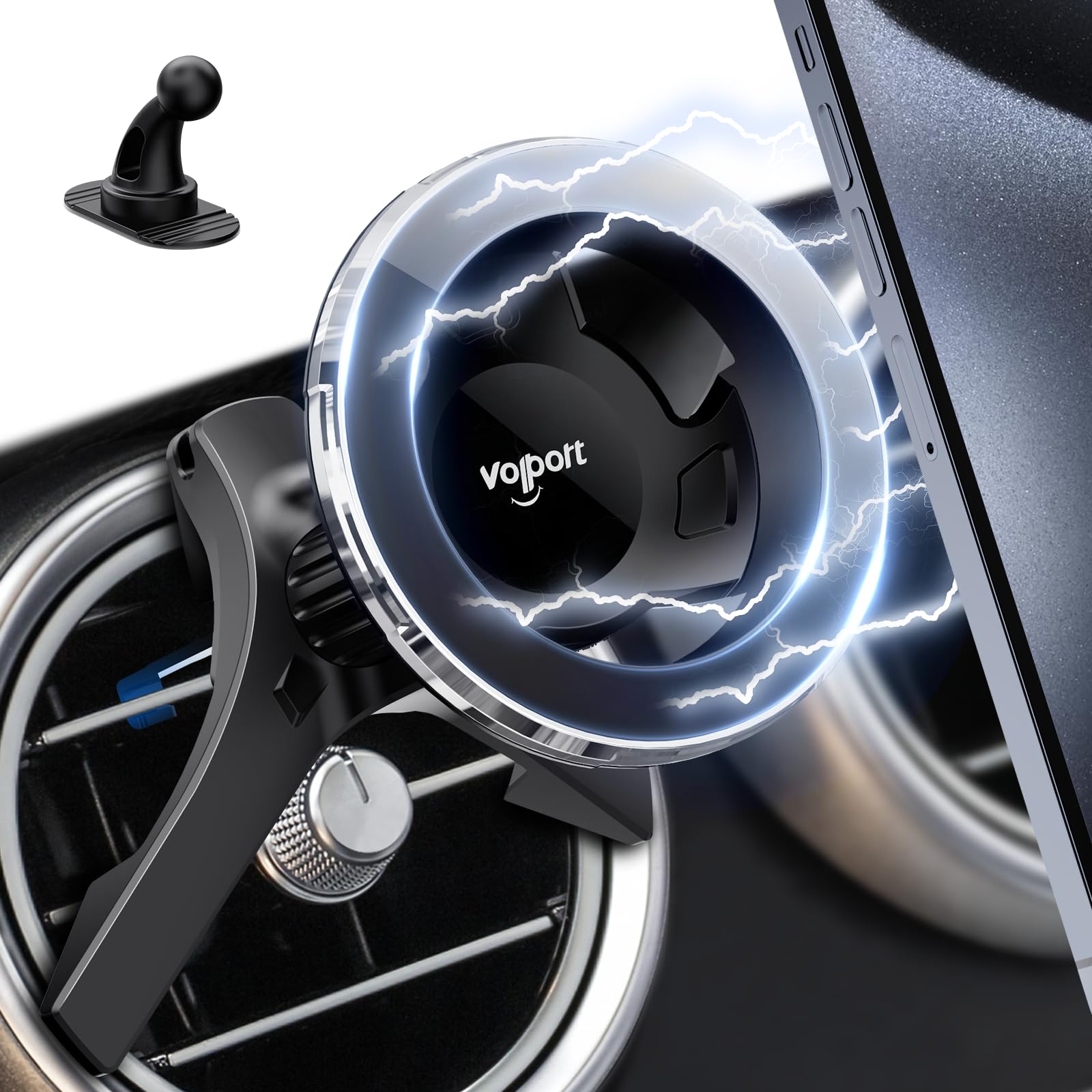 Volport For Magsafe Car Mount [Air Vent & Dashboard]: Magnetic Phone Holder For Round/Horizontal/Vertical Vent, Strong Magnet Fo