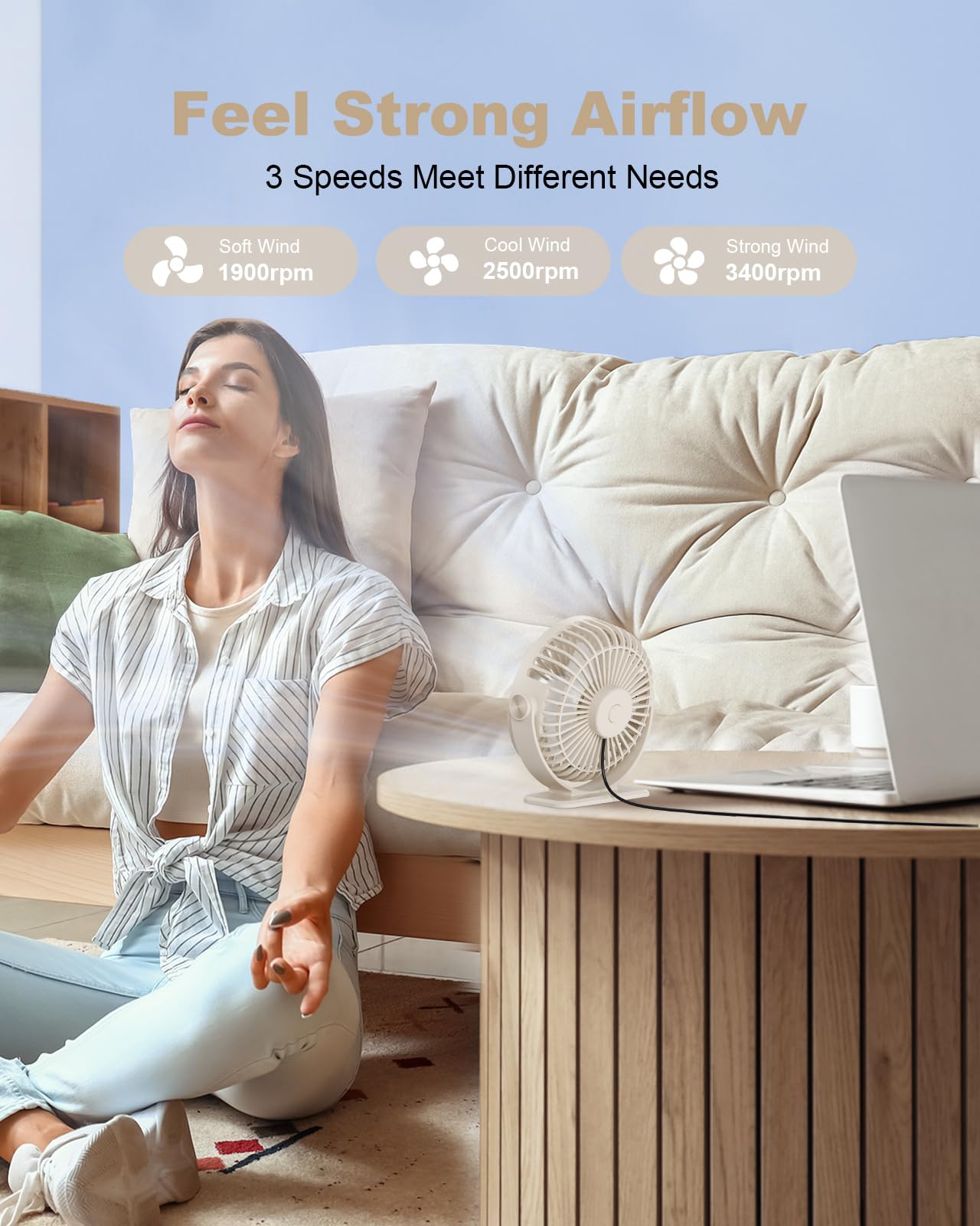 Tripole Usb Desk Fan Small Portable Personal Fan, 3 Speeds Adjustable Strong Breeze Mini Electric Fan, 360 Rotation Quiet Plug I