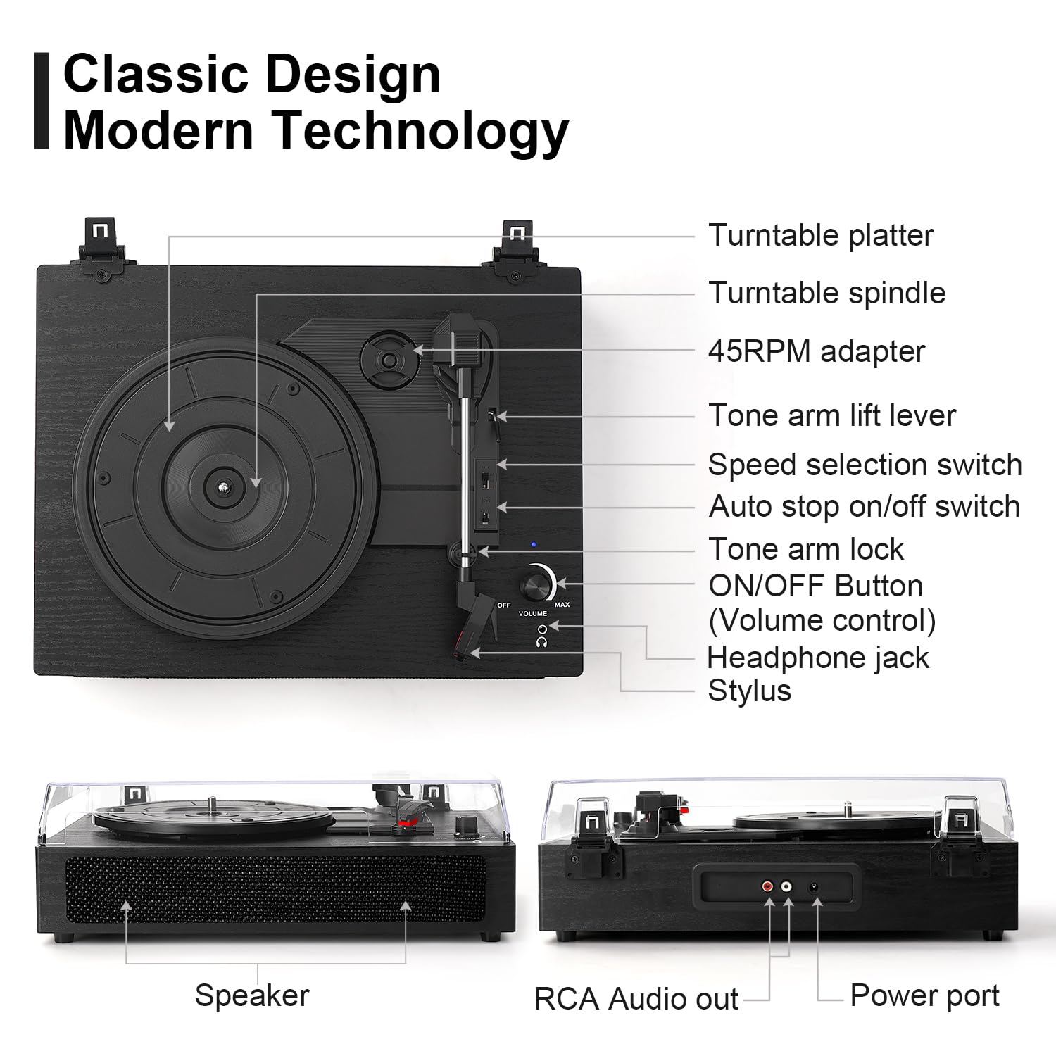 Vinyl Record Player Bluetooth Turntable With Built In Stereo Speakers Belt Drive 3 Speeds Turntables For Vinyl Records Support R