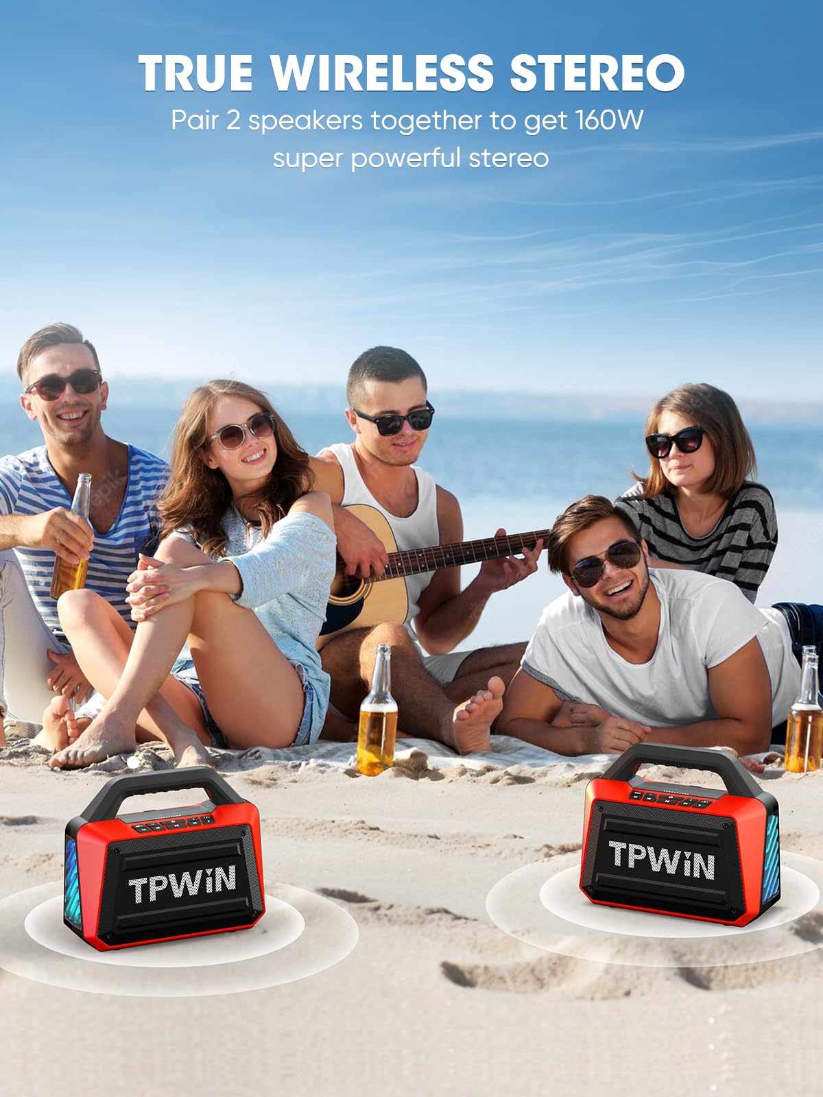 Tpwin Portable Bluetooth Speakers - Wireless Speaker 80W Peak, Loud Speaker With Light, Strong Bass, Bt 5.3, Tws, Ipx6 Waterproo