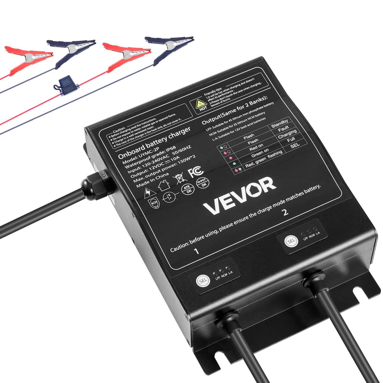 VEVOR 2 Bank Marine Battery Charger, 2    10A 12V Onboard Boat Charger, IP68 Waterproof Boat Smart Battery Charger for Lithium L
