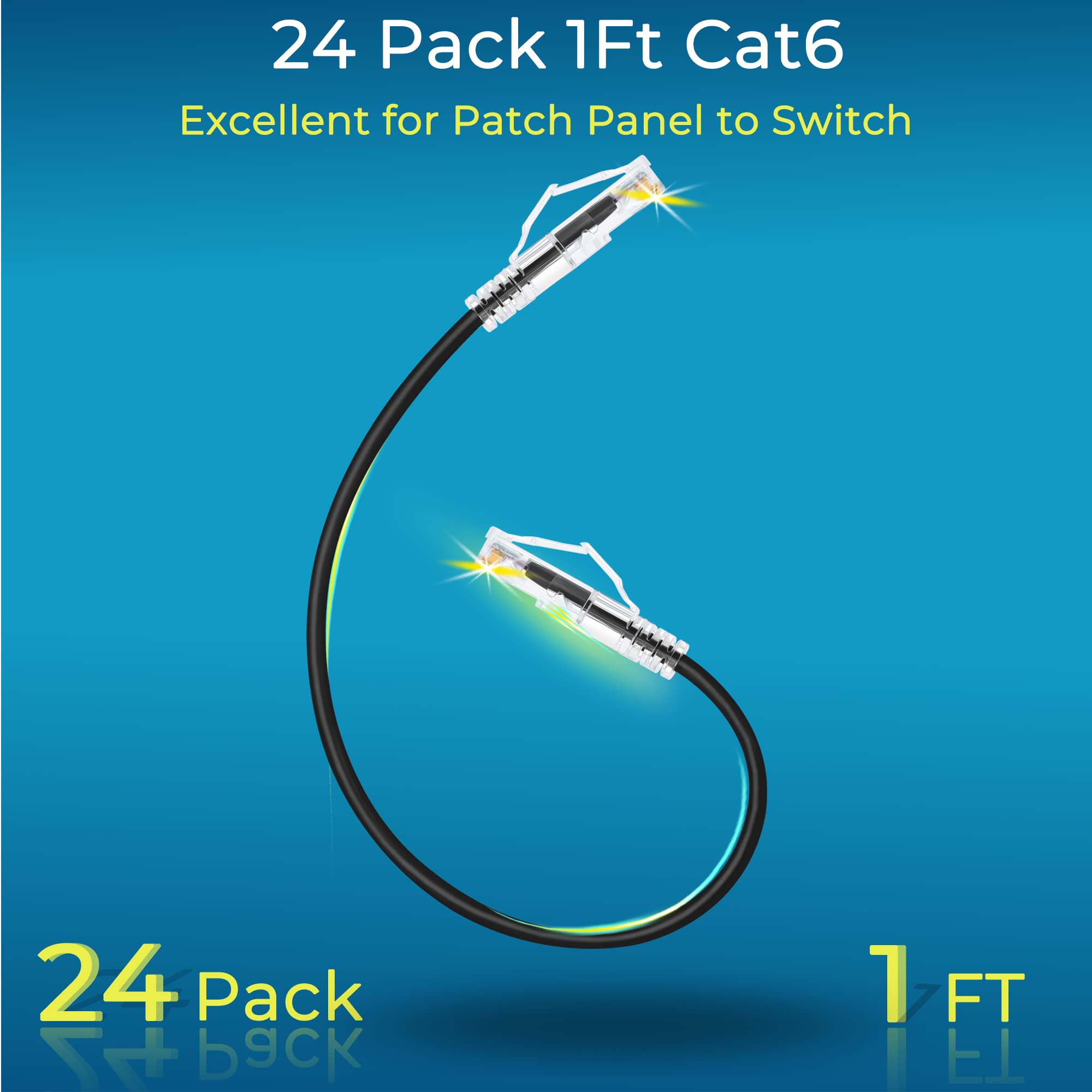 Rapink Patch Cables Cat6/ Cat6A 1Ft (24 Pack) Slim, Cat6A Ethernet Patch Cable 10G Support, Snagless Cat 6 Patch Cable For Patch Panel To Switch, Flexiable Cat6 Ethernet Cable Black