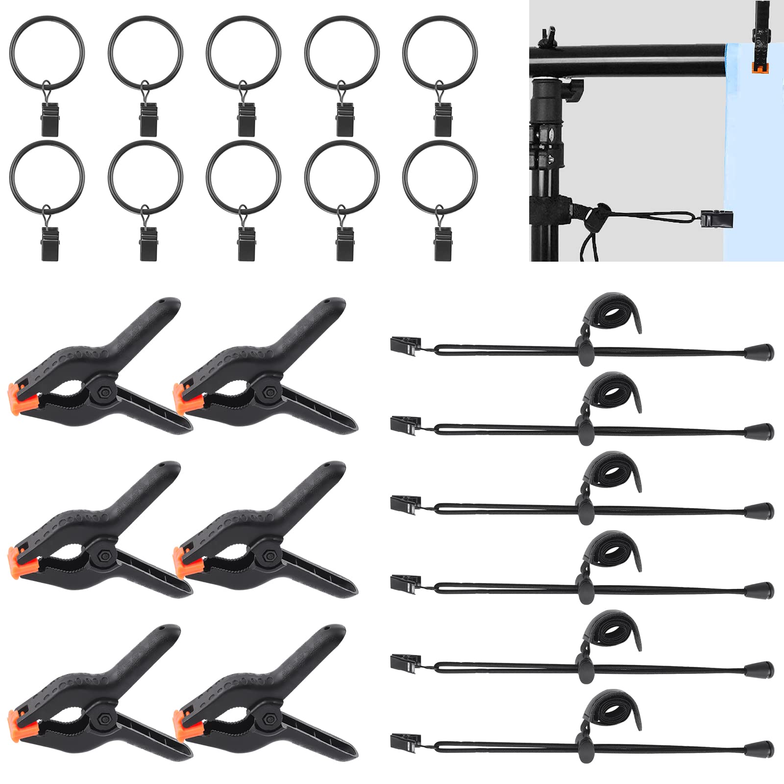 Wokape 22 Packs Photography Backdrop Clips Clamps, Include 10 Curtain Ring Clips, 6 Spring Clamps, 6 Leather Background Clips Ho