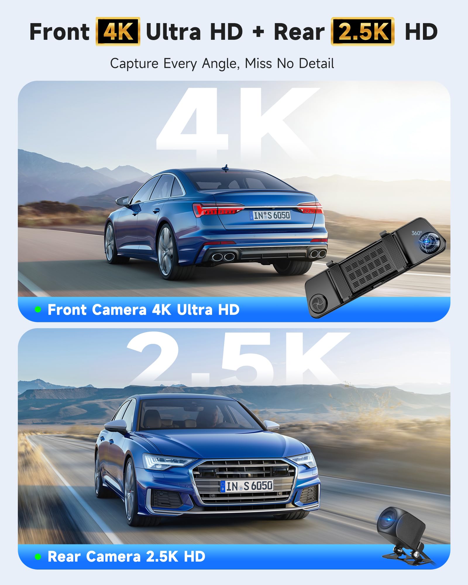 Ombar 4K+2.5K Rear View Mirror Camera With Adas Bsd And Lca, 12 Smart Mirror Dash Cam With 5.8Ghz Wifi, Rearview Mirror Camera W