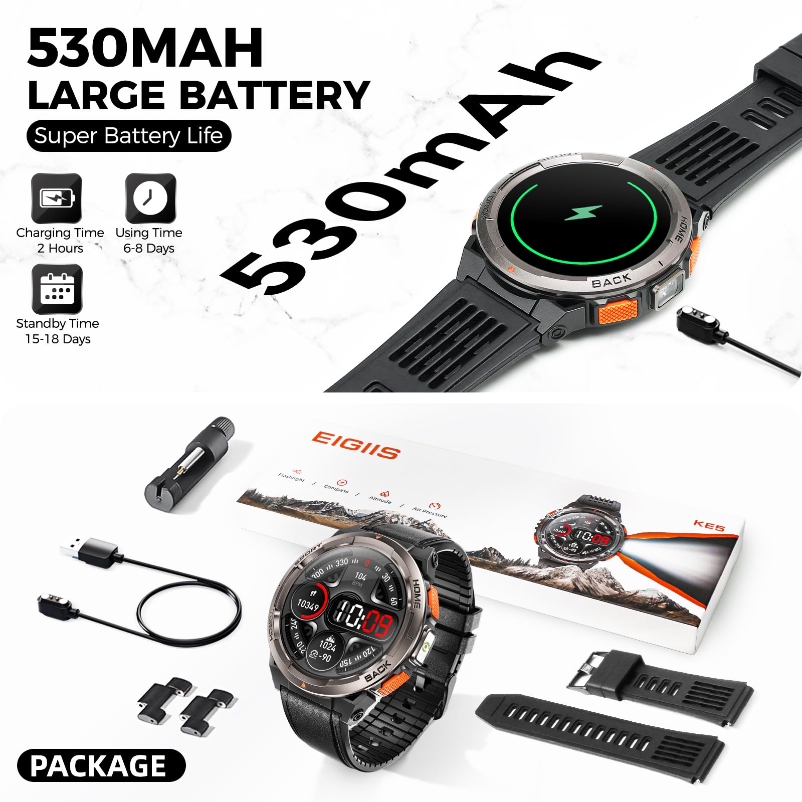 Ke5 Military Smart Watch For Men With Flashlight Sos 3Atm Waterproof Watch 530Mah Big Battery 1.45  Rugged Tactical Smartwatch W