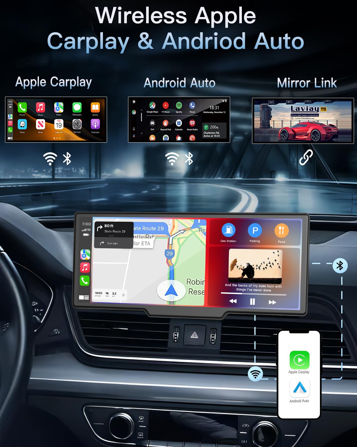 Portable Wireless Carplay Touchscreen For Car: 4K Apple Carplay & Android Auto Car Play Screen With 4K Dash Cam/1080P Rear Camer