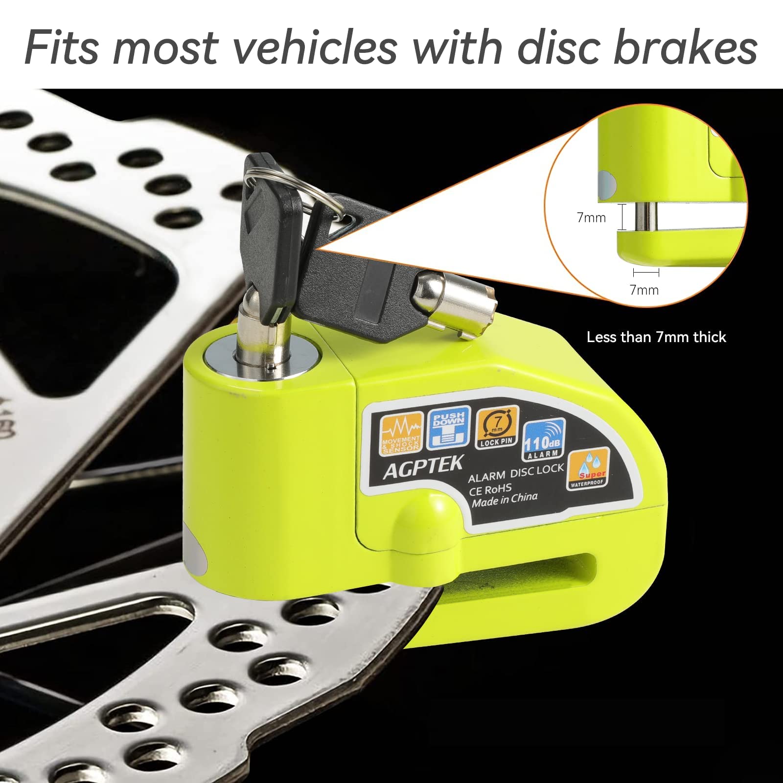 Alarm Disc Lock With 5Ft Reminder Cable, Agptek 110Db Motorcycle Brake Lock Anti Theft Padlock Waterproof With Lock Pin Carrying